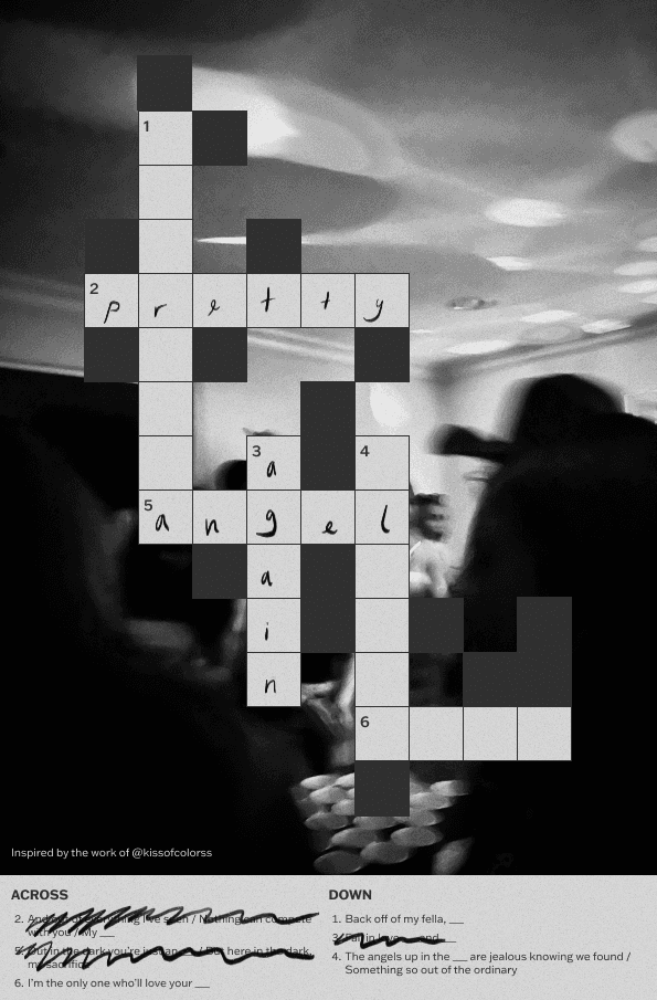 A partially completed crossword over an image of a party.