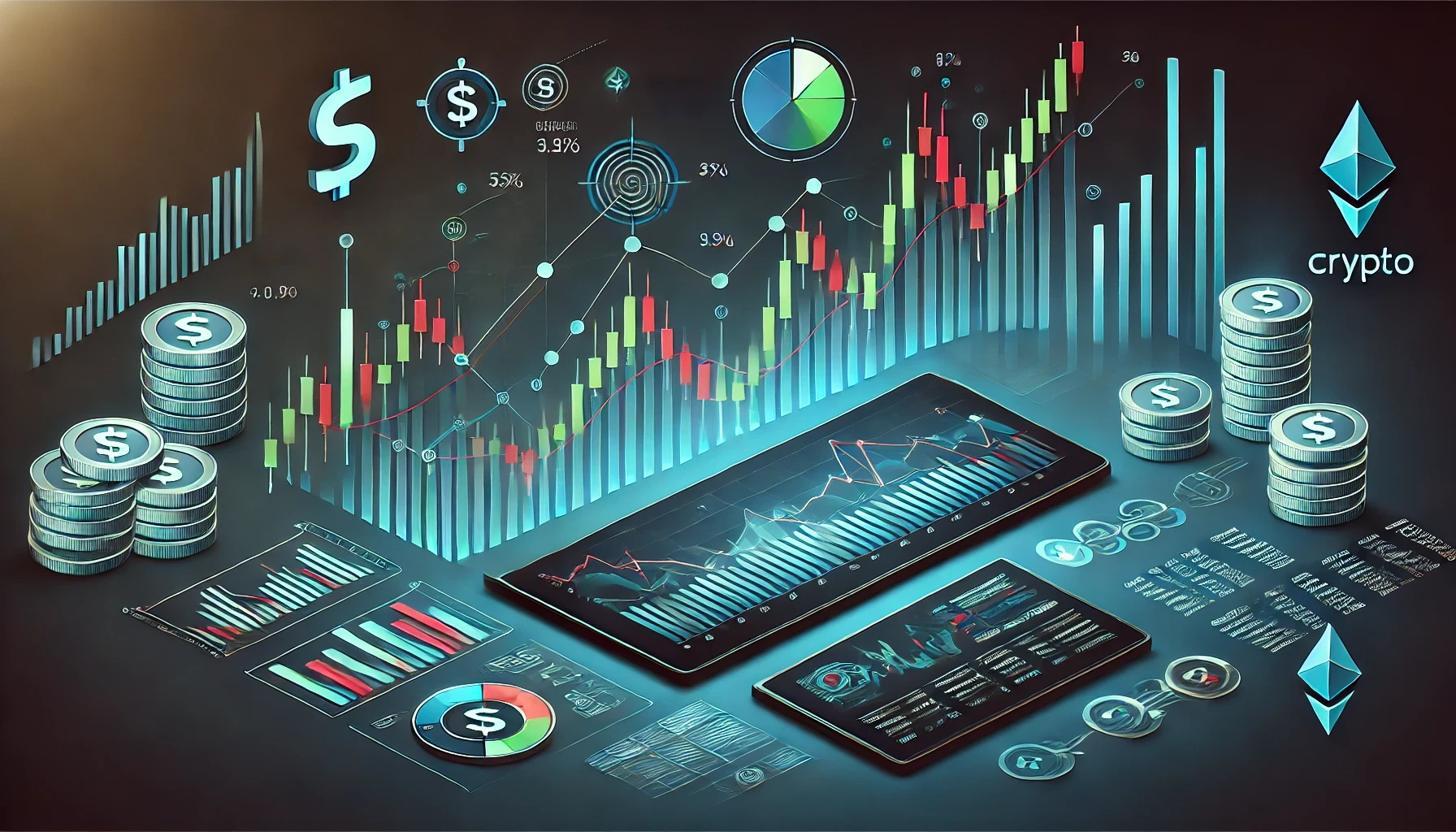 Crypto-themed image featuring charts, digital coins, and market trends, representing cryptocurrency trading and blockchain technology.