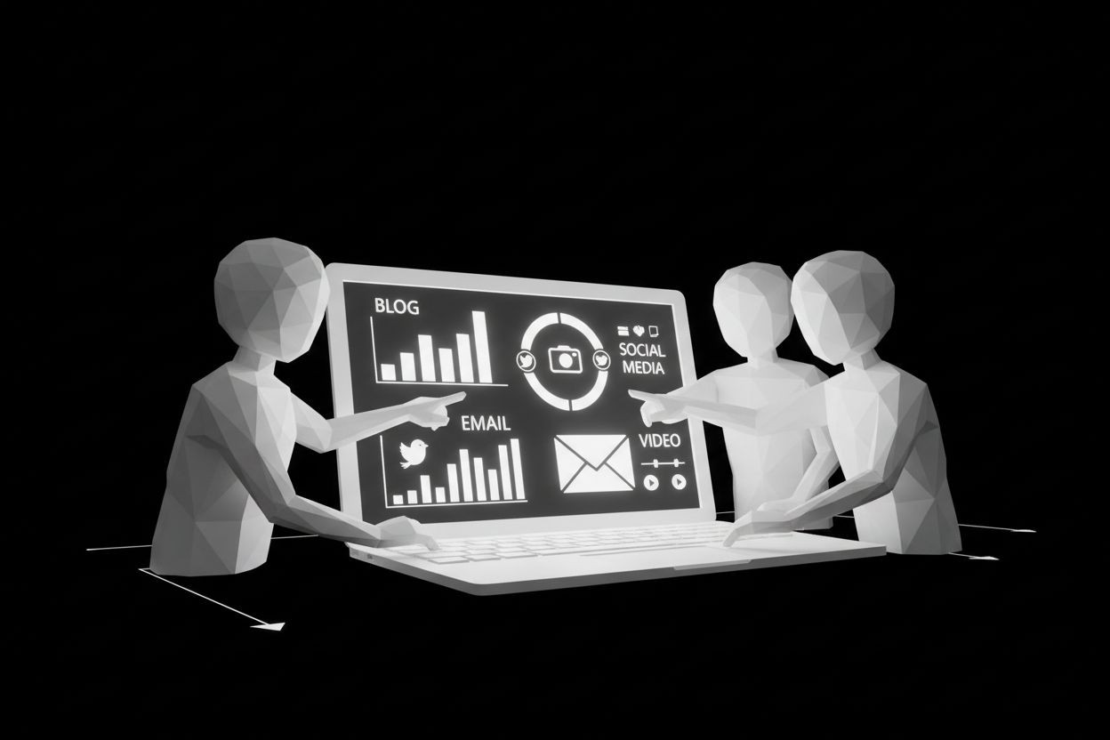 Team reviewing content performance across channels