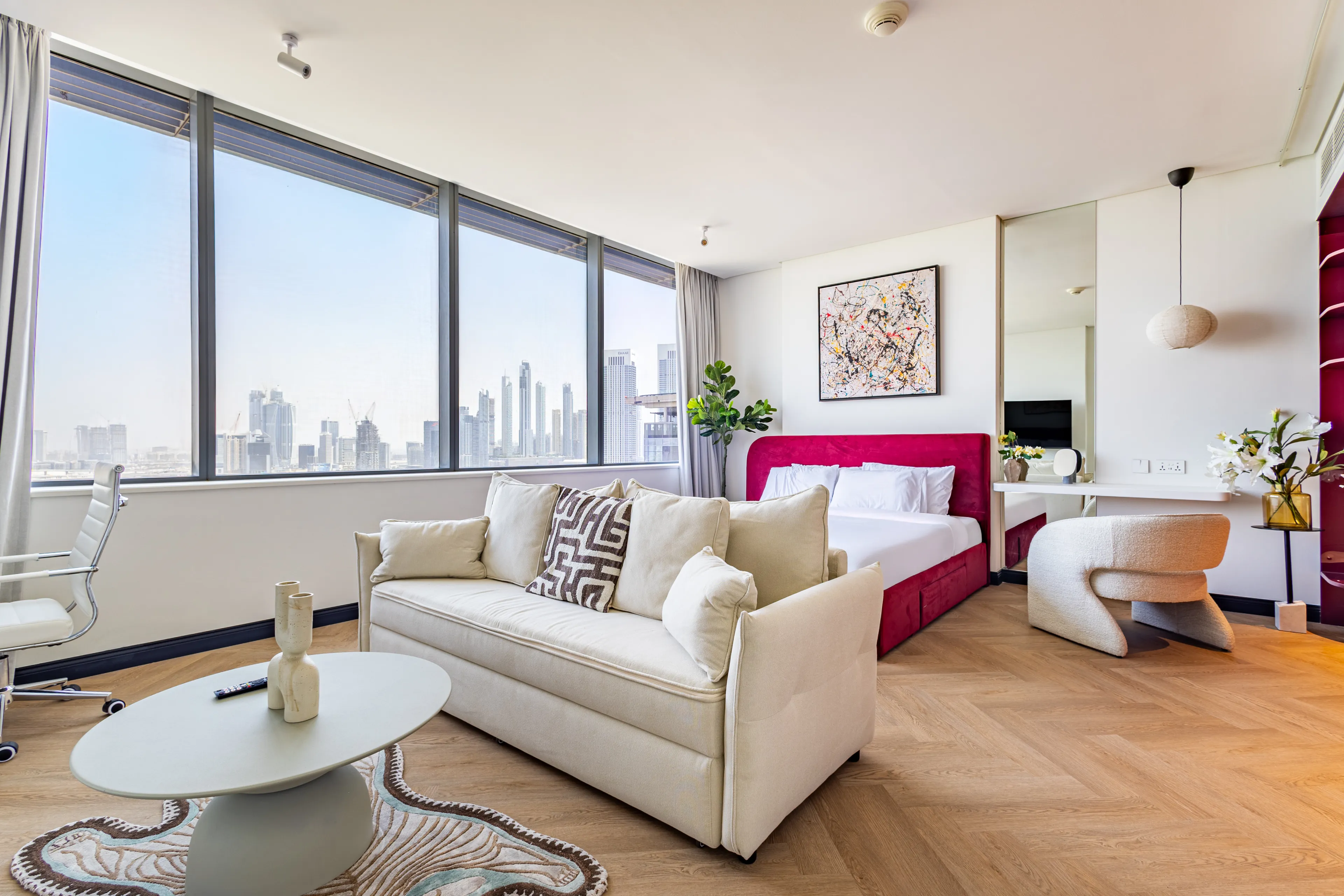 An image of living room with a huge window in Dubai.