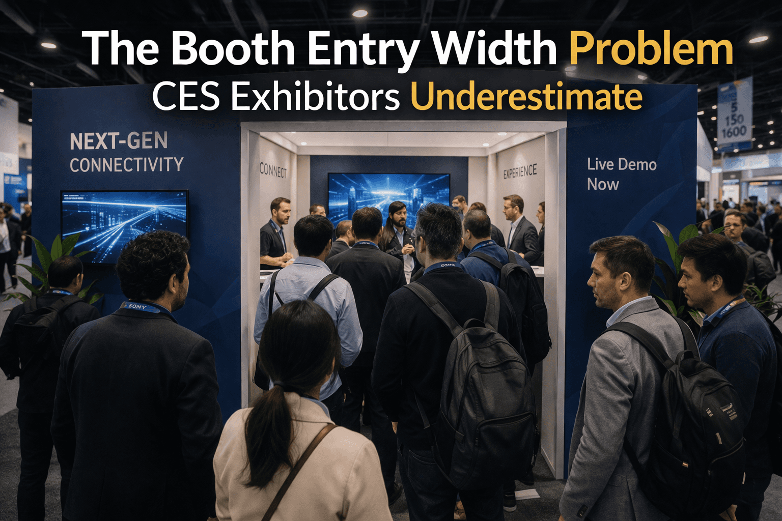 CES booth entrance in Las Vegas with a narrow opening, crowd pinch point, and attendees stacking at the entry before the demo area