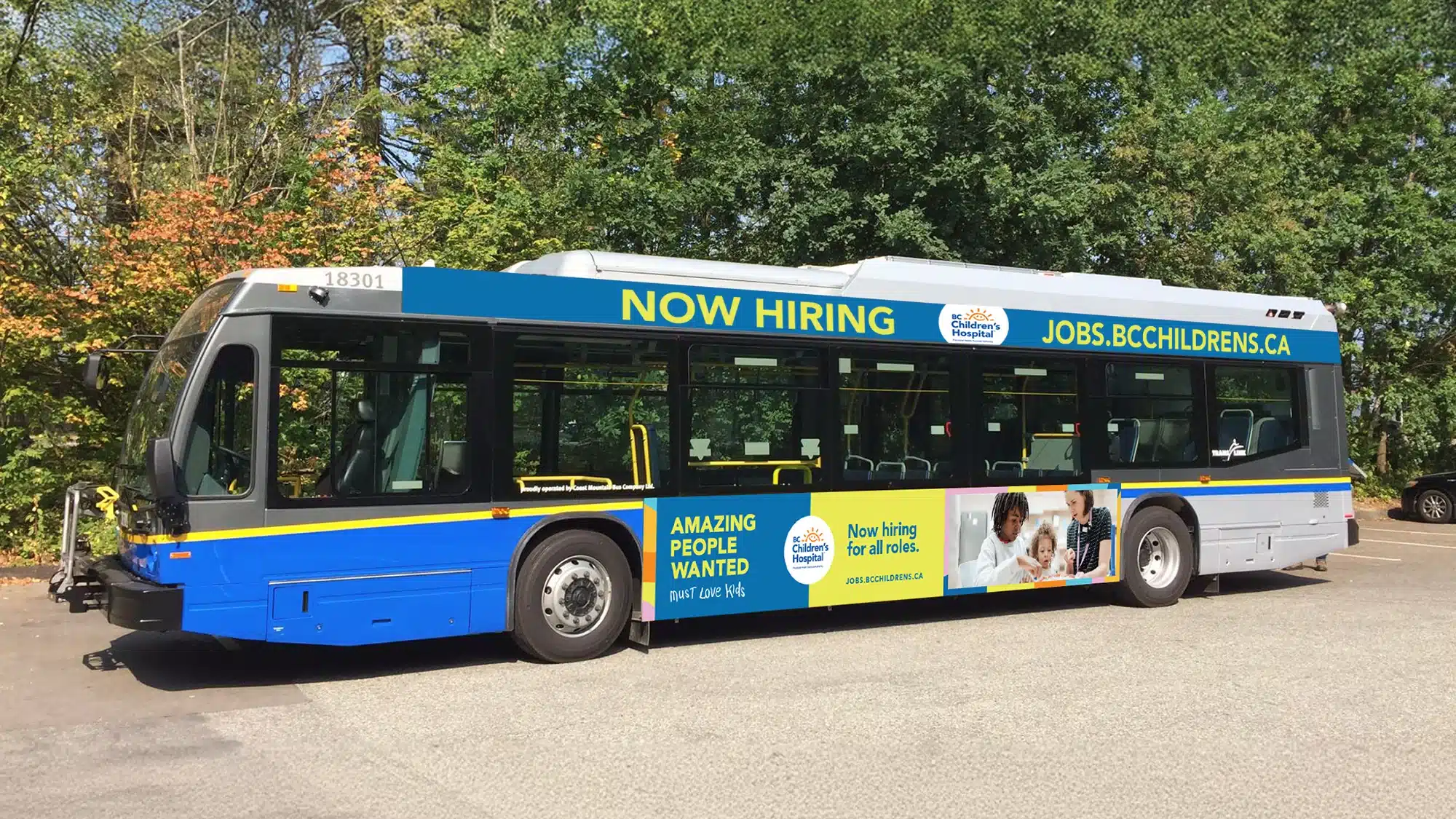A bus parked, showing campaign advertising