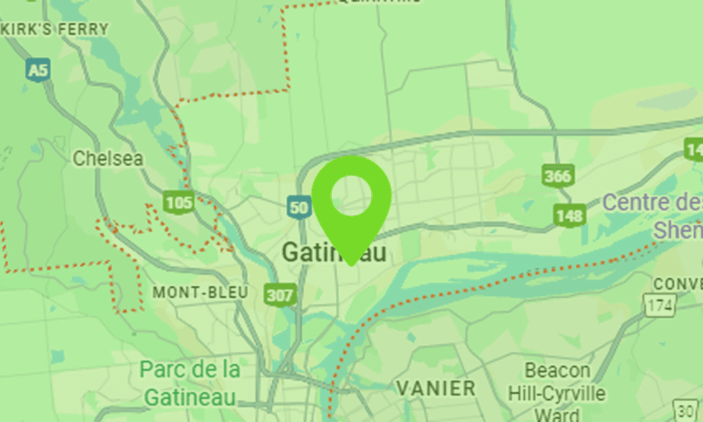 Carte montrant la zone de Gatineau étant desservie par B2Web, création de sites web professionnels au Québec