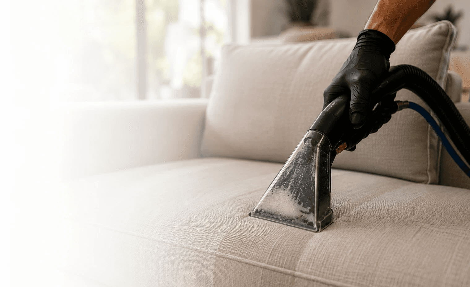 Technician cleaning a residential upholstered sofa with a professional extraction machine