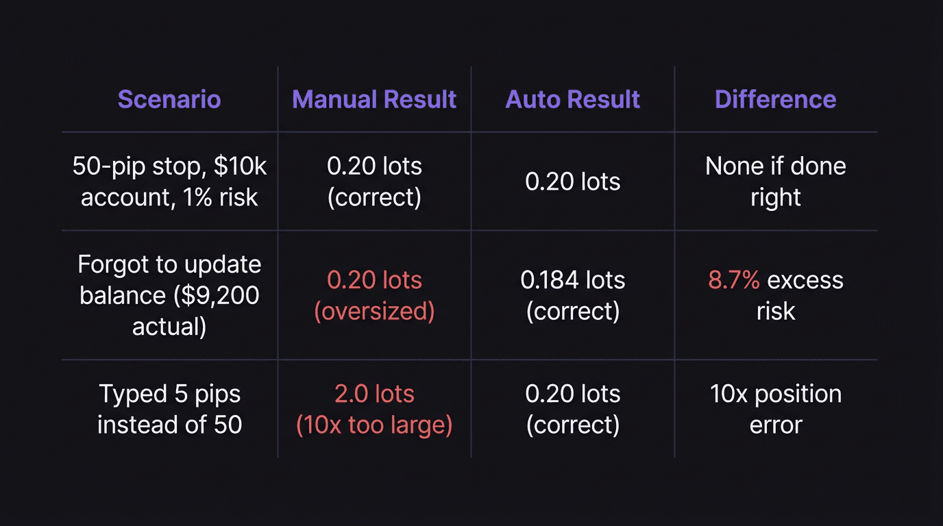 Comparison table showing manual versus auto lot size calculation outcomes for three trade scenarios