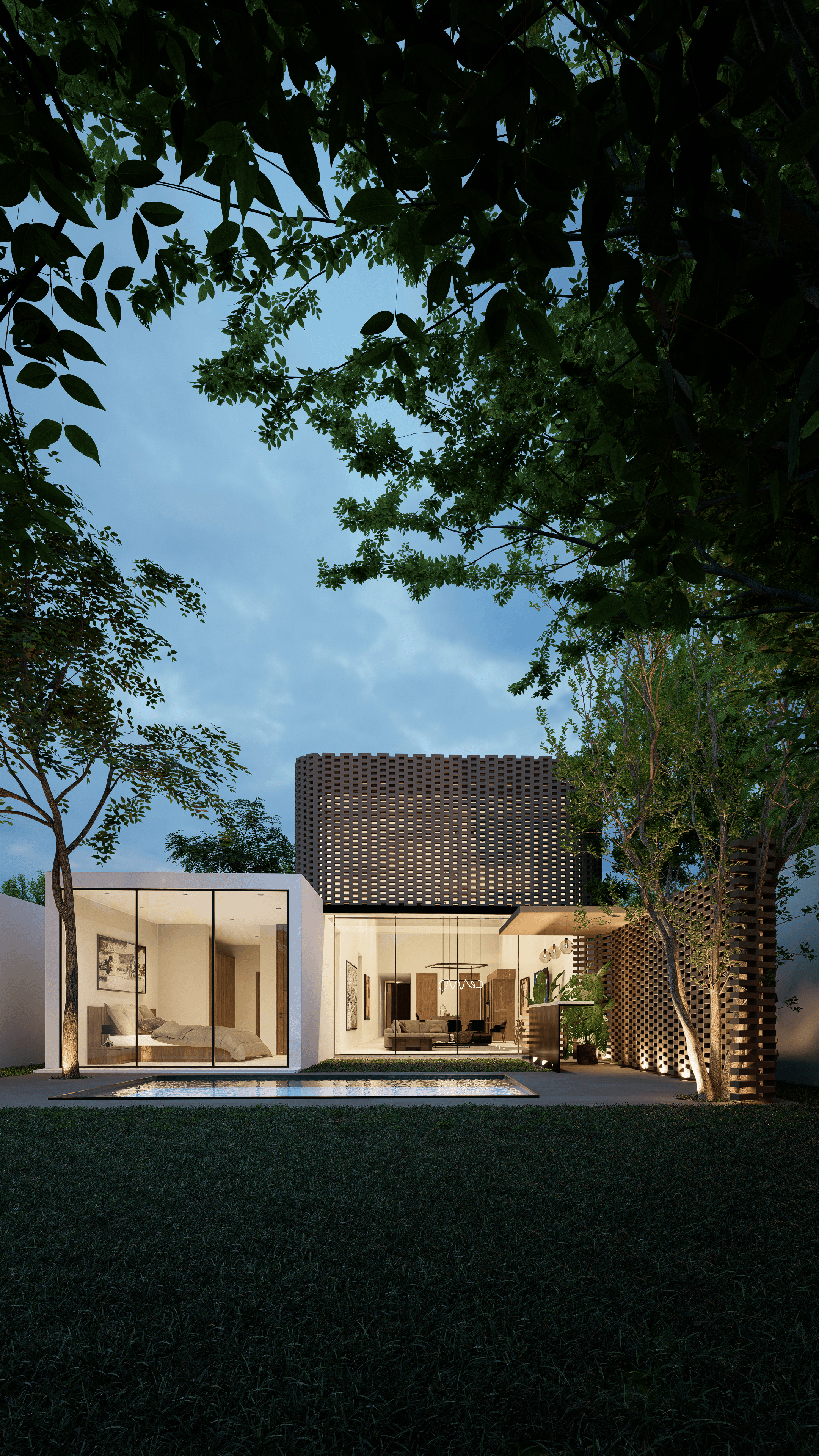 Olivia house back facade located in Merida yucatan, with its destinctive translucid brick layout.