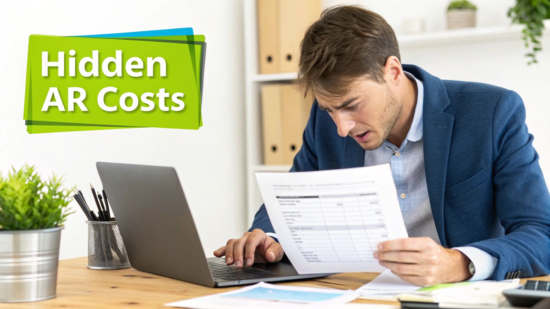 A professional finance manager looking thoughtfully at a laptop screen displaying financial charts and graphs.