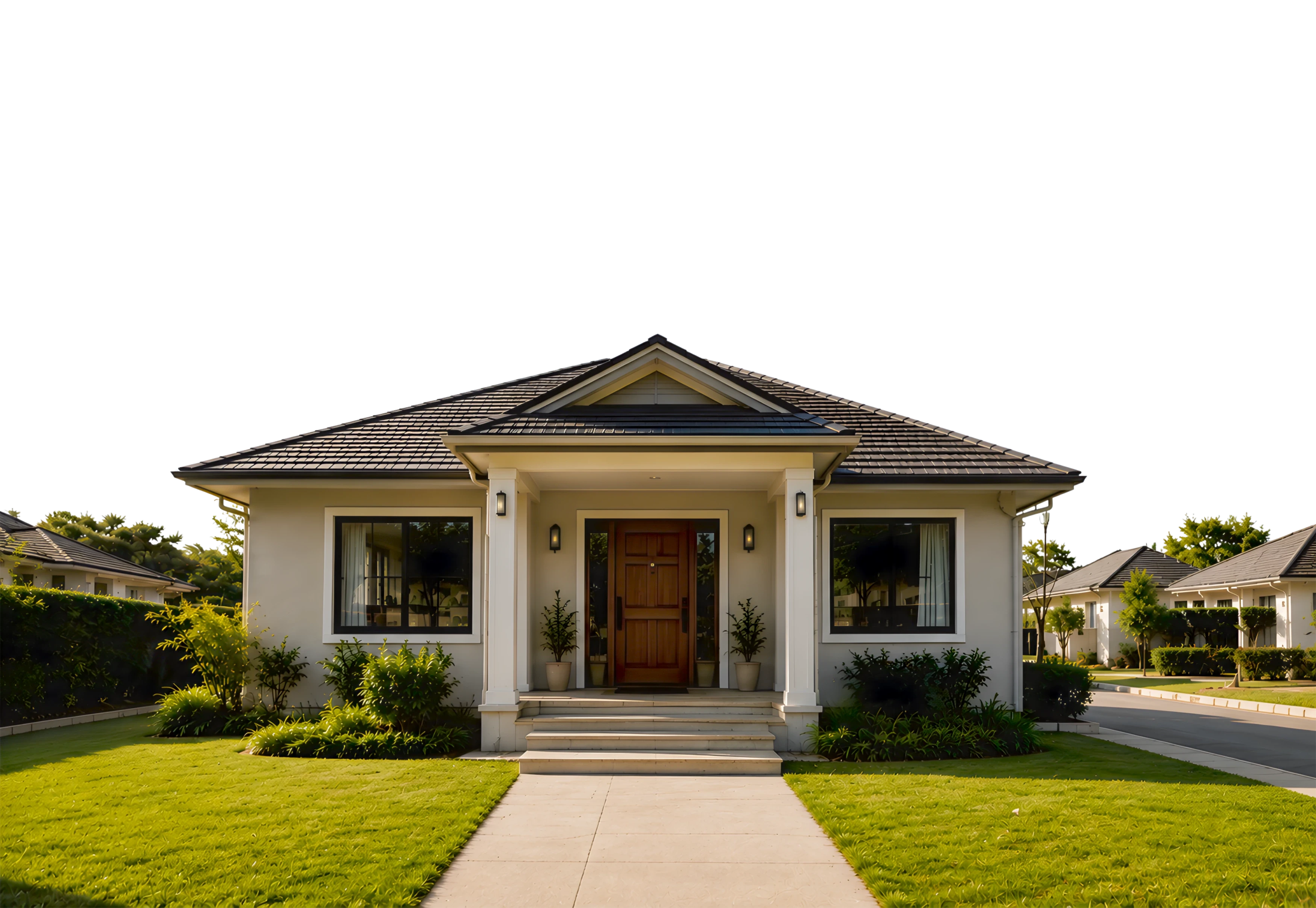 Front exterior of a beige suburban home with a wood front door, landscaped lawn, and walkway