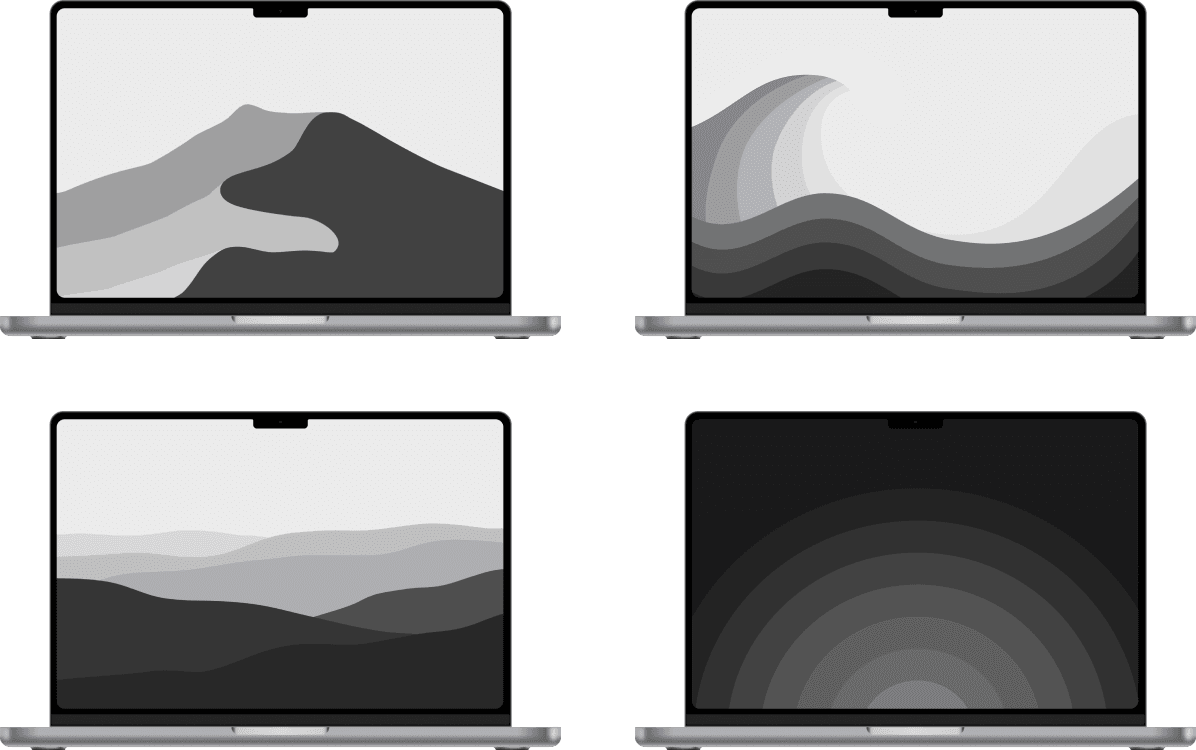 Minimalist wallpapers on four MacBooks