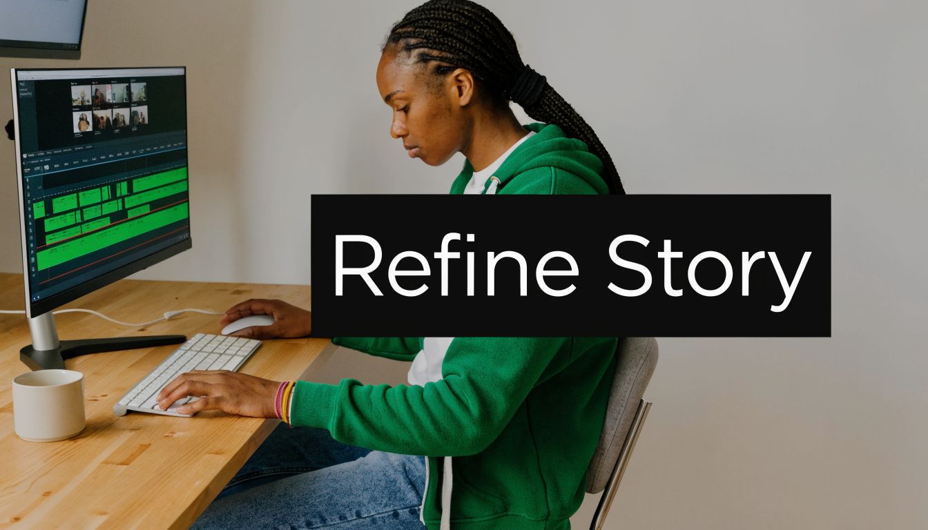 A focused woman editing video content on a computer at her wooden desk in a home office.