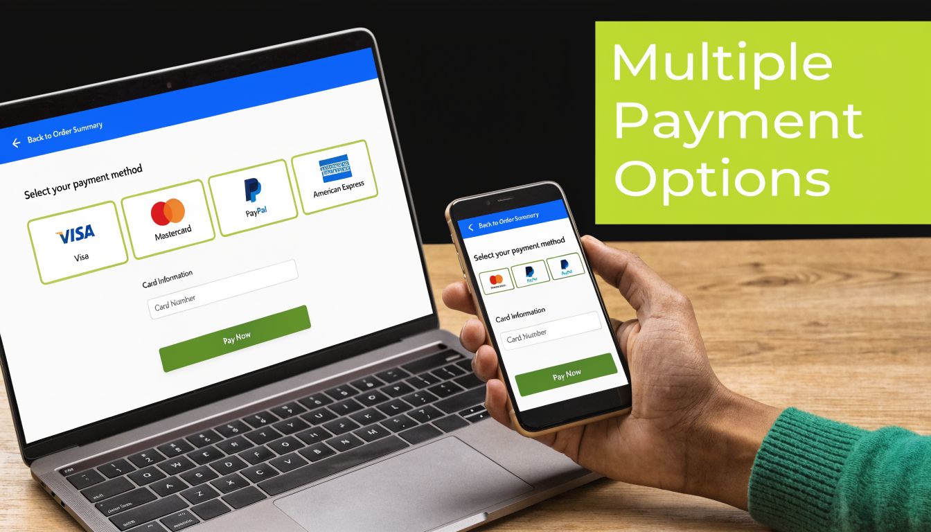 A person holding a smartphone showing a payment page next to a laptop displaying payment options.