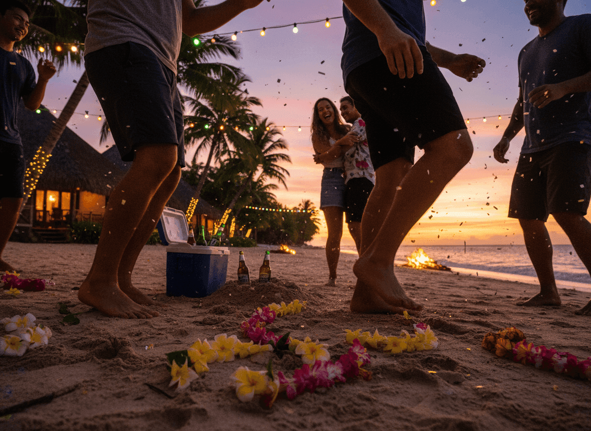Friends dancing on a vibrant Uprising beachfront at sunset, with confetti, string lights, and a distant bonfire.