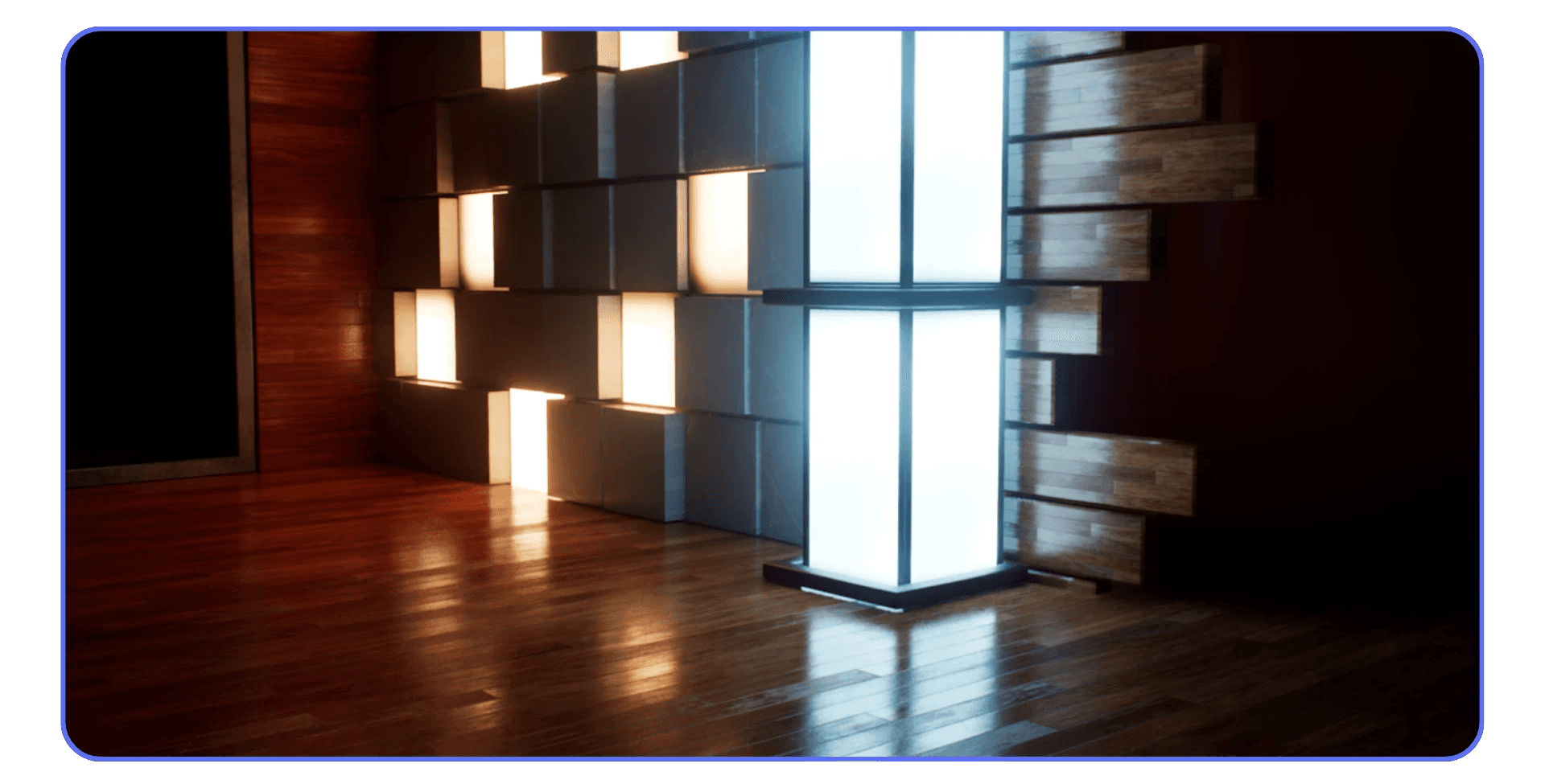 Interior lighting and reflection test scene in Twinmotion showing illuminated panels and wooden flooring.