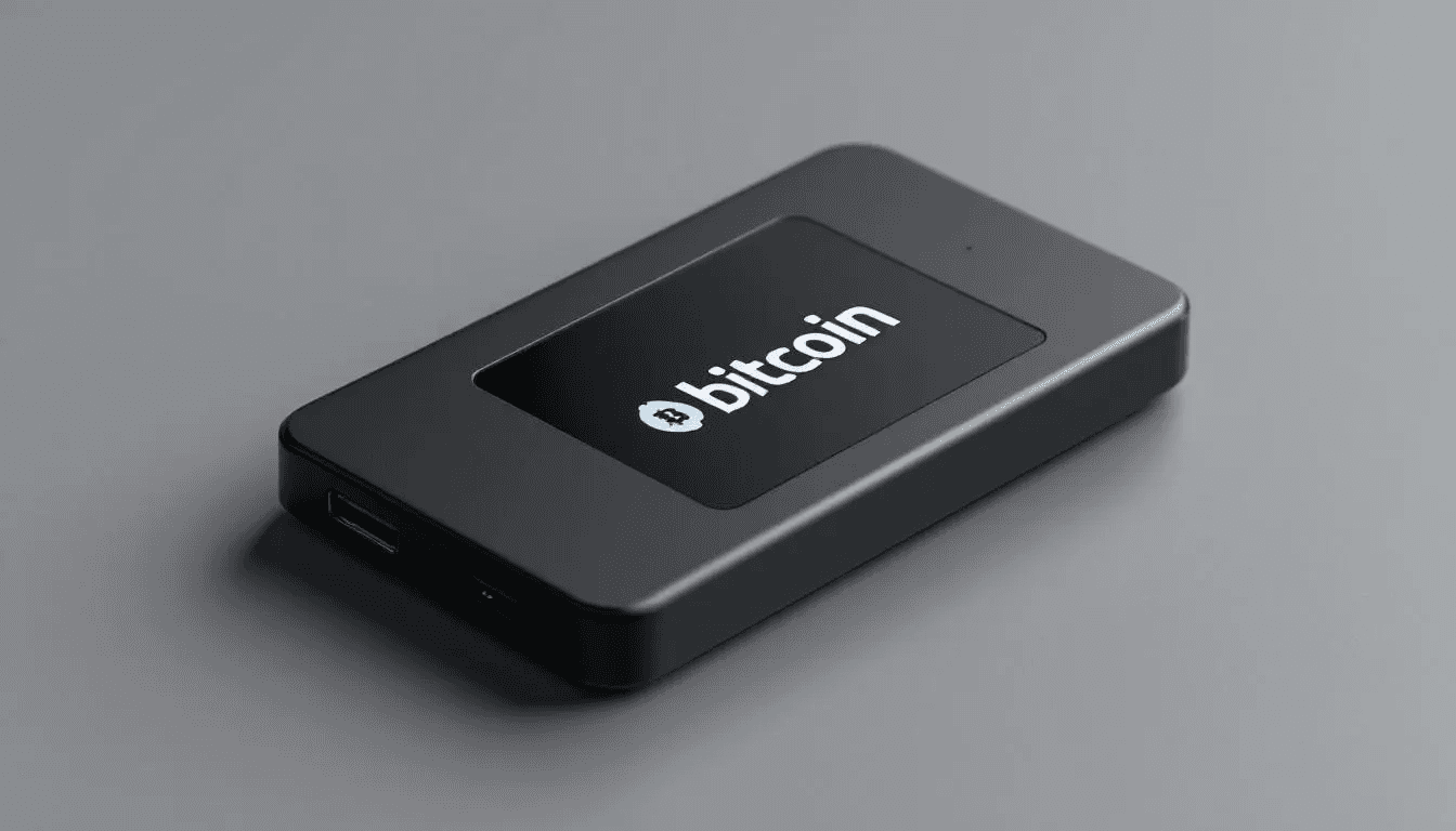A modern hardware wallet device is prominently displayed, showcasing the Bitcoin logo on its secure digital interface, symbolizing the importance of safeguarding private keys and managing digital assets in the cryptocurrency custody landscape. This device represents a solution for both individual and institutional investors seeking effective crypto custody options.
