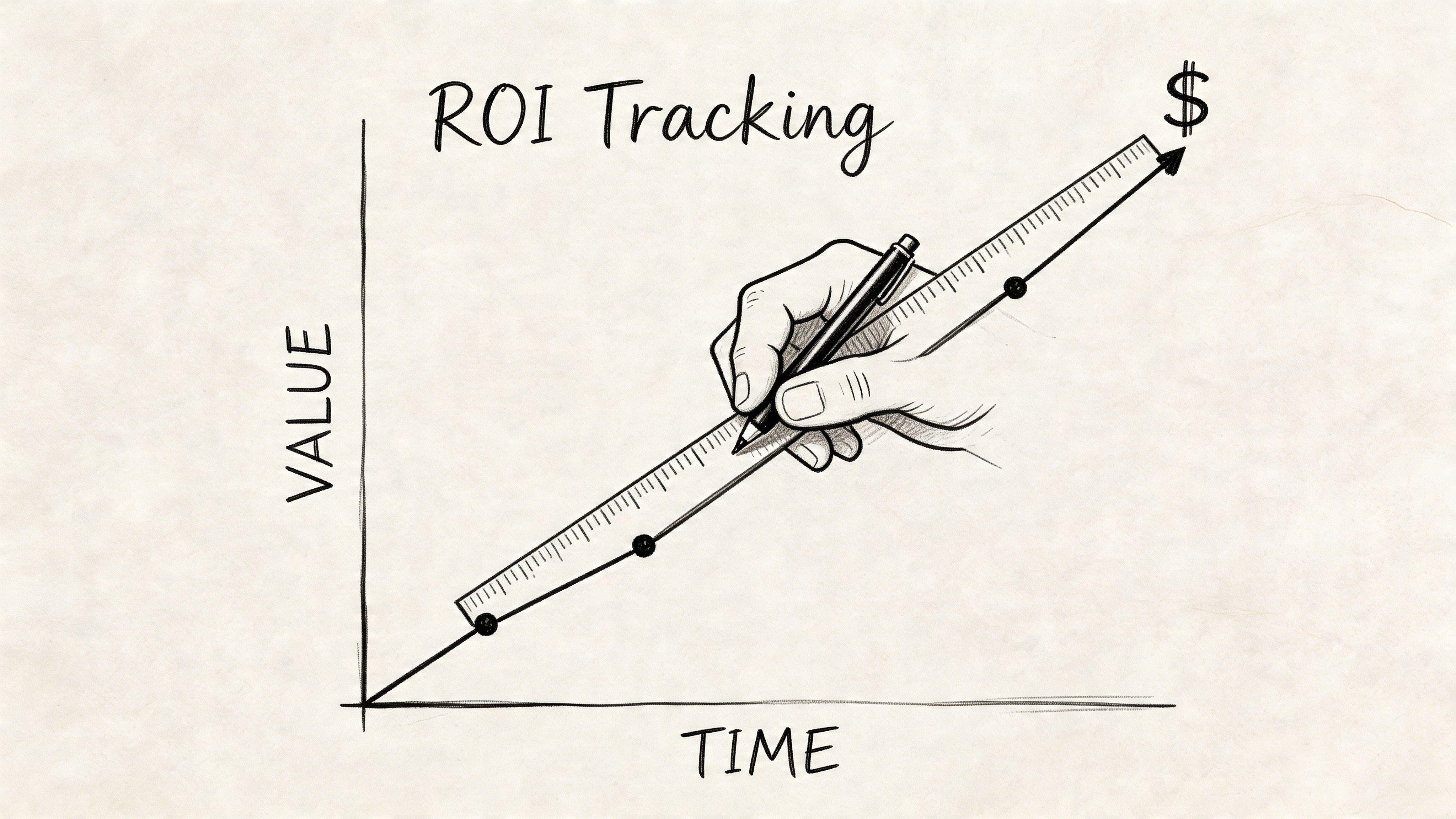 A hand-drawn illustration showing ROI tracking on a graph measuring value over time with a dollar sign.
