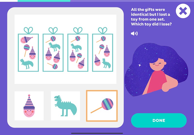 Make equal sets: find the toy that is missing from one of the identical gift sets
