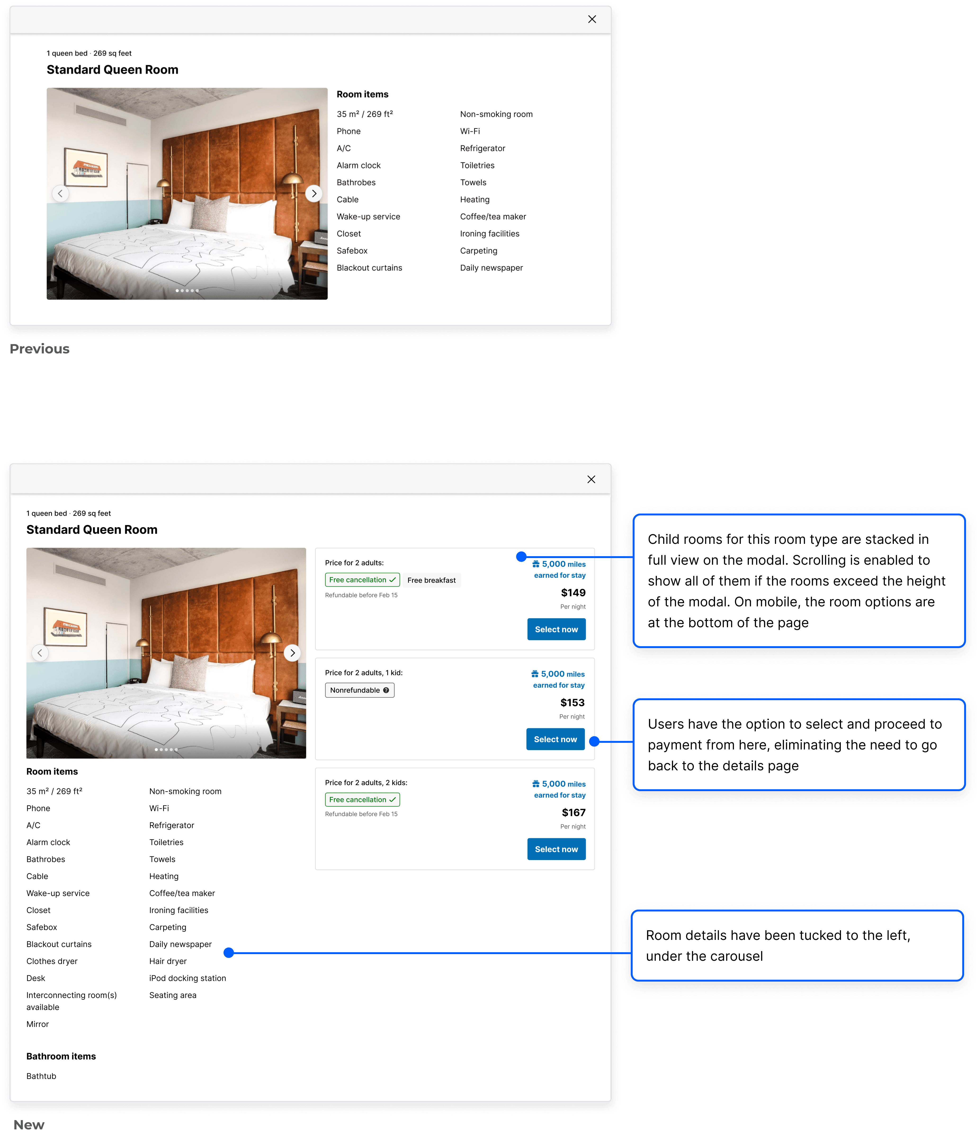 An imag comparing the previous iteratio of the previous room details modal with the updated iteration showcasing the room groupings.