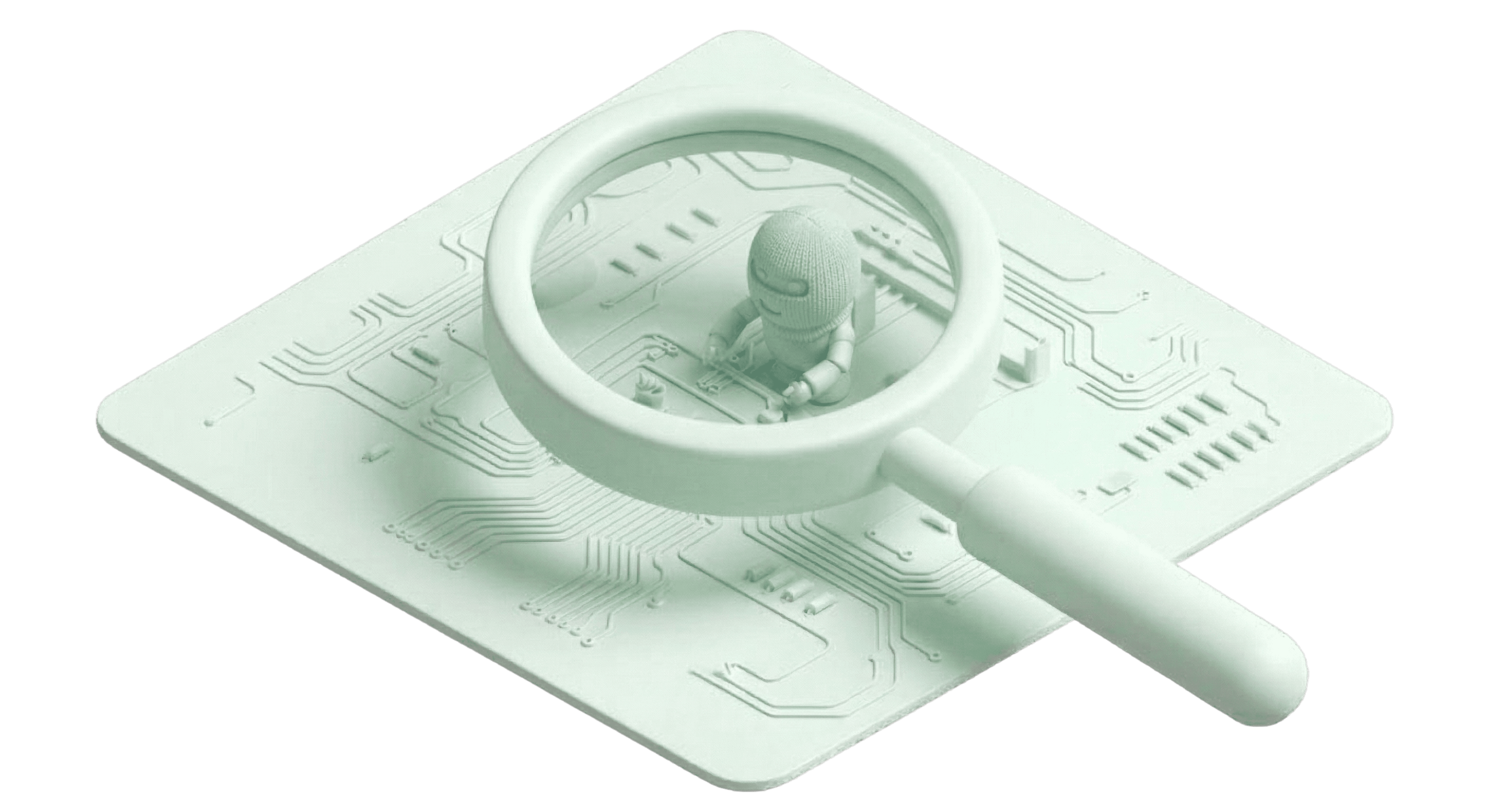 Isometric 3D illustration of a pale green circuit board being examined by a large magnifying glass, revealing a small figure in a balaclava (hacker), isolated on a black background.