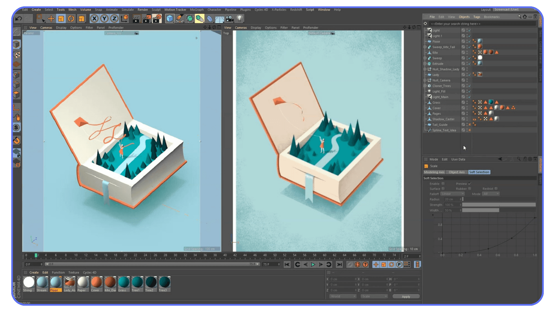 Cinema 4D viewport showing a stylized diorama scene with Object Manager and dual view layout