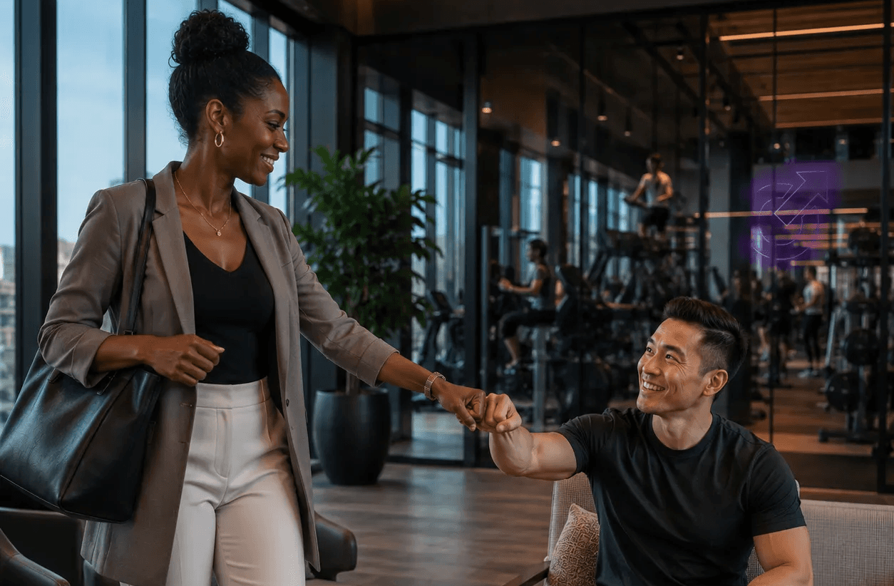 Propriétaire de gym qui fait un ''fist bump'' à un client assis dans le loundge d'un gym moderne. 