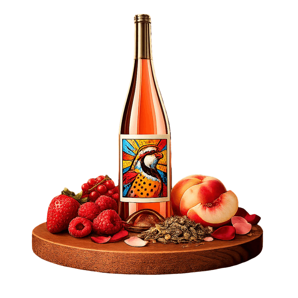 Artistic label and flavor profile for Neuchâtel Oeil-de-Perdrix Rosé on a rustic wooden table.