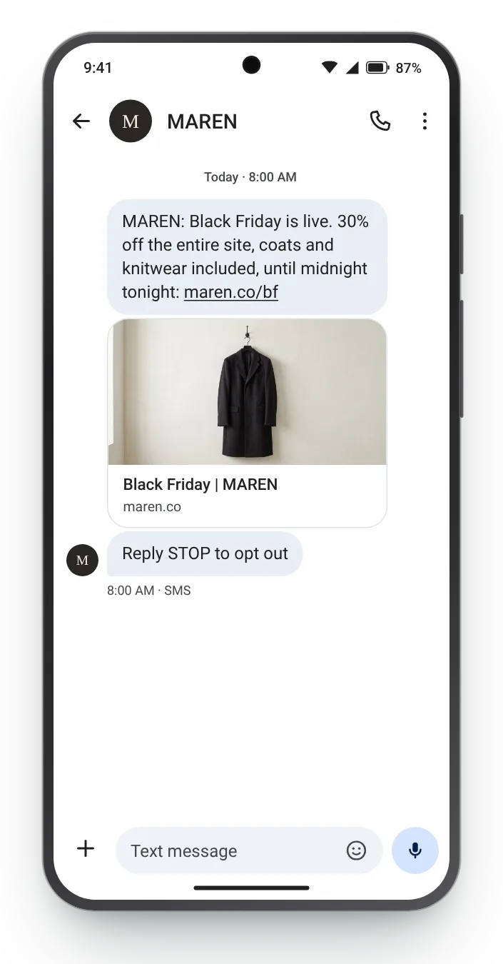 8am: the sale is live Black Friday text on an Android phone