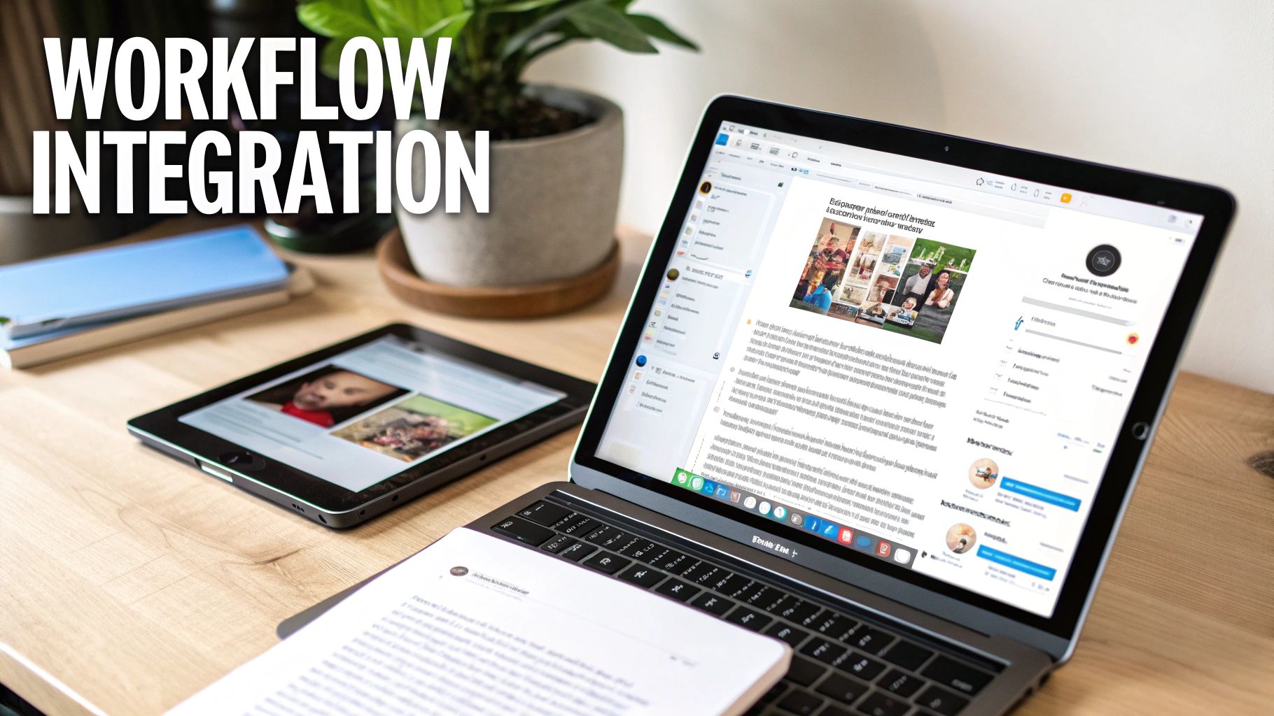 A person's hands organizing documents and a laptop on a desk, representing workflow integration.