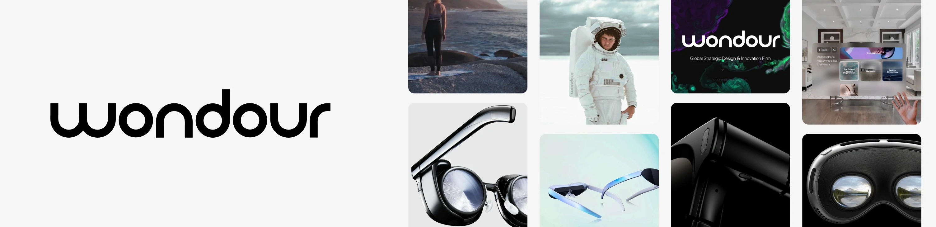 The Wondour wordmark beside product renders of smart glasses and headsets, a person in a spacesuit, a person on coastal rocks, an interior scene with a floating vision-simulation interface, and the studio's Global Strategic Design and Innovation Firm title card.