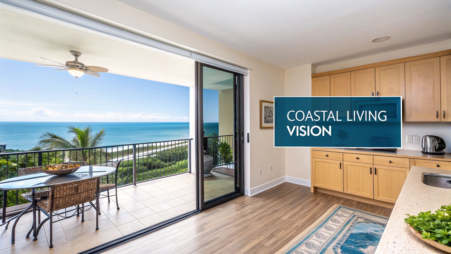 Elegant condo interior featuring a kitchen and a balcony with stunning ocean and beach views.