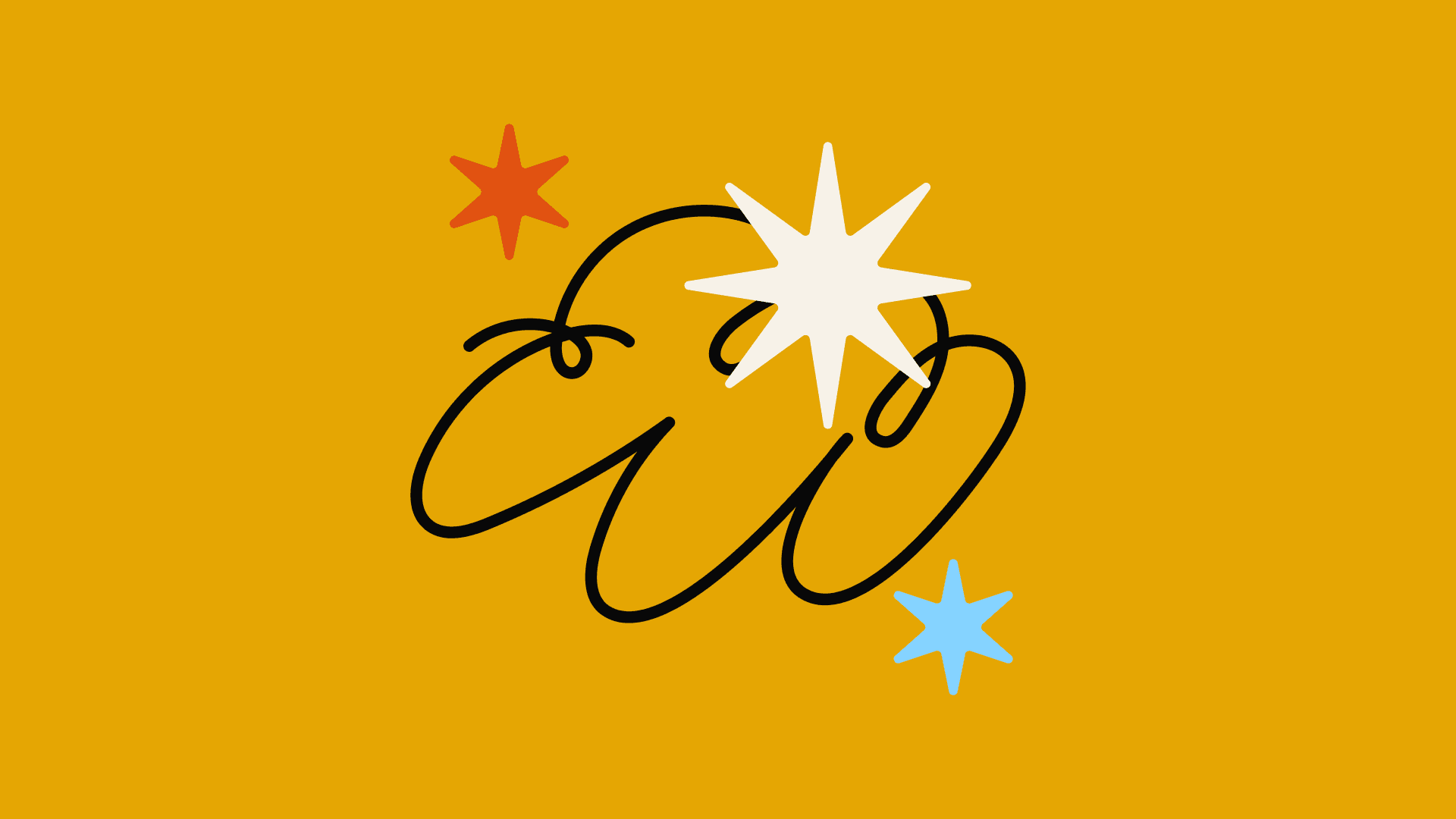 Abstract black squiggle with red, white, and blue stars on an orange background. No text. Playful and colorful design.