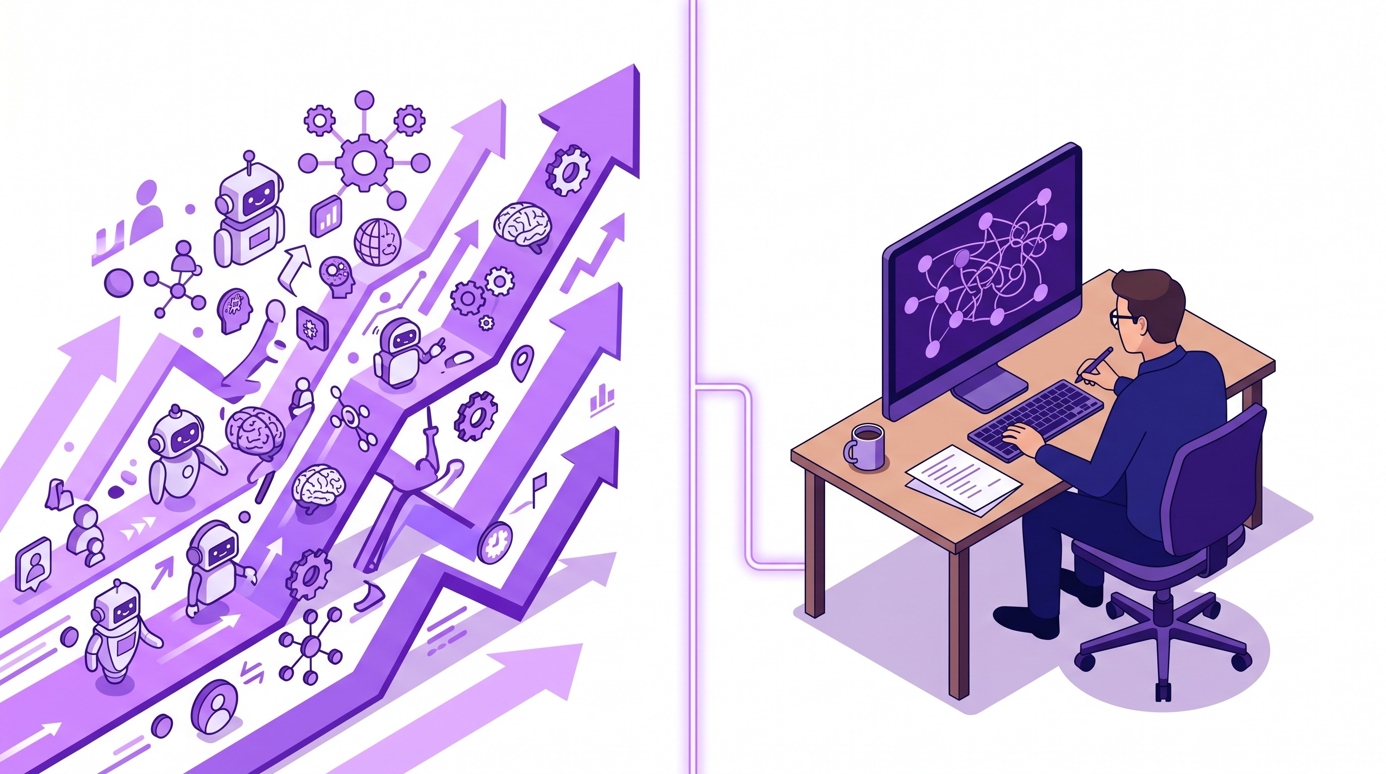 Split scene of agentic commerce hype on one side and the quiet post-purchase operational problem on the other