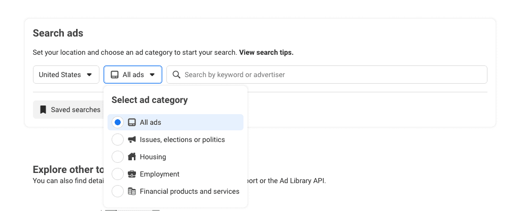 meta ad library has filters for ad category and region