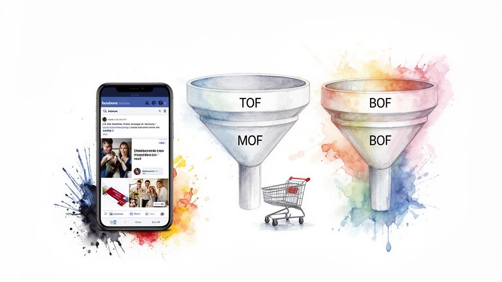 A smartphone showing Facebook ads, two marketing funnels (TOF, MOF, BOF), and a shopping cart, representing a digital sales strategy.