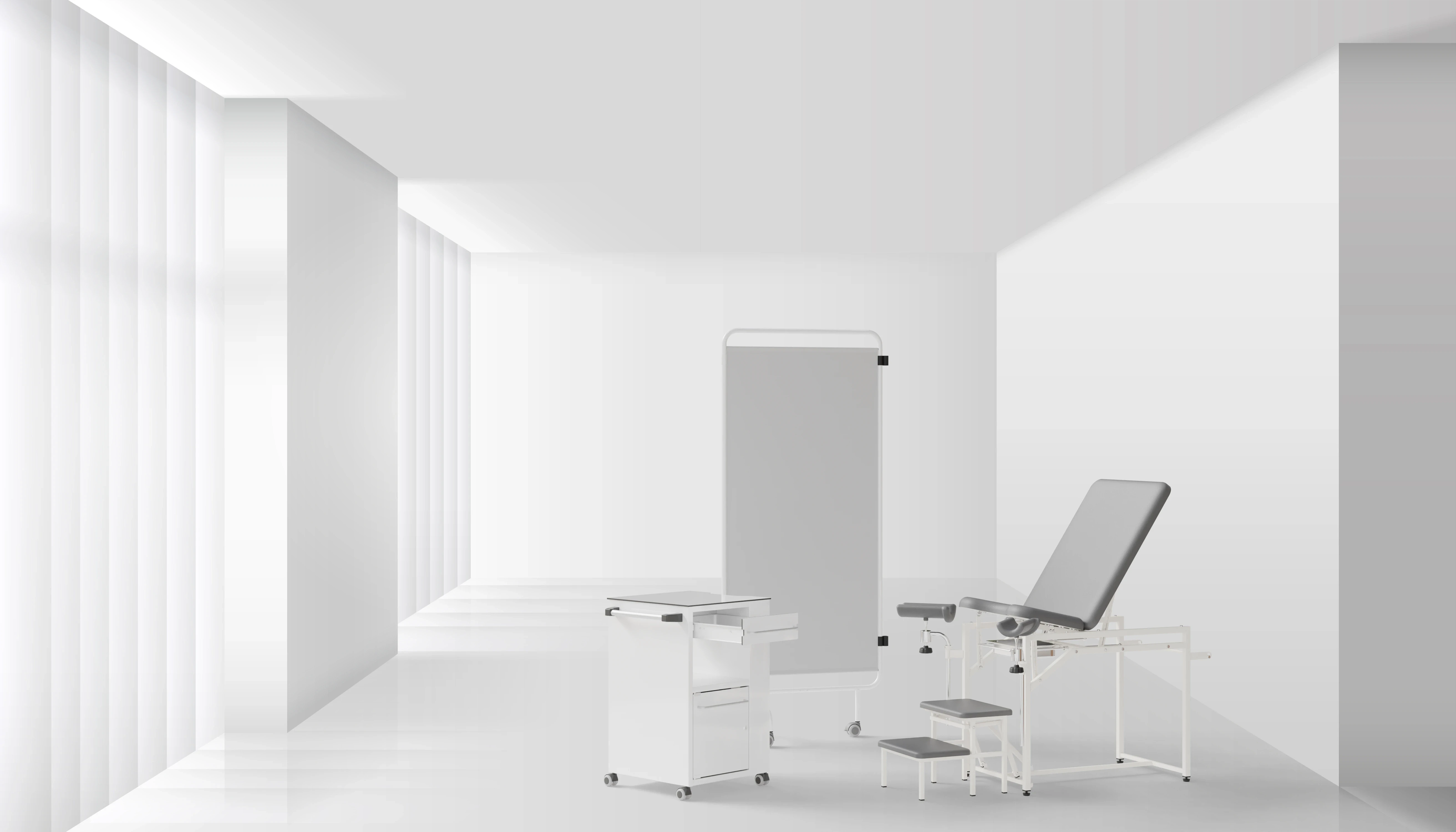 Ligoninės lovos mechanizmo 3D renderis – detalus metalo konstrukcijos ir valdymo sistemos atvaizdas, sukurtas Renderiai.