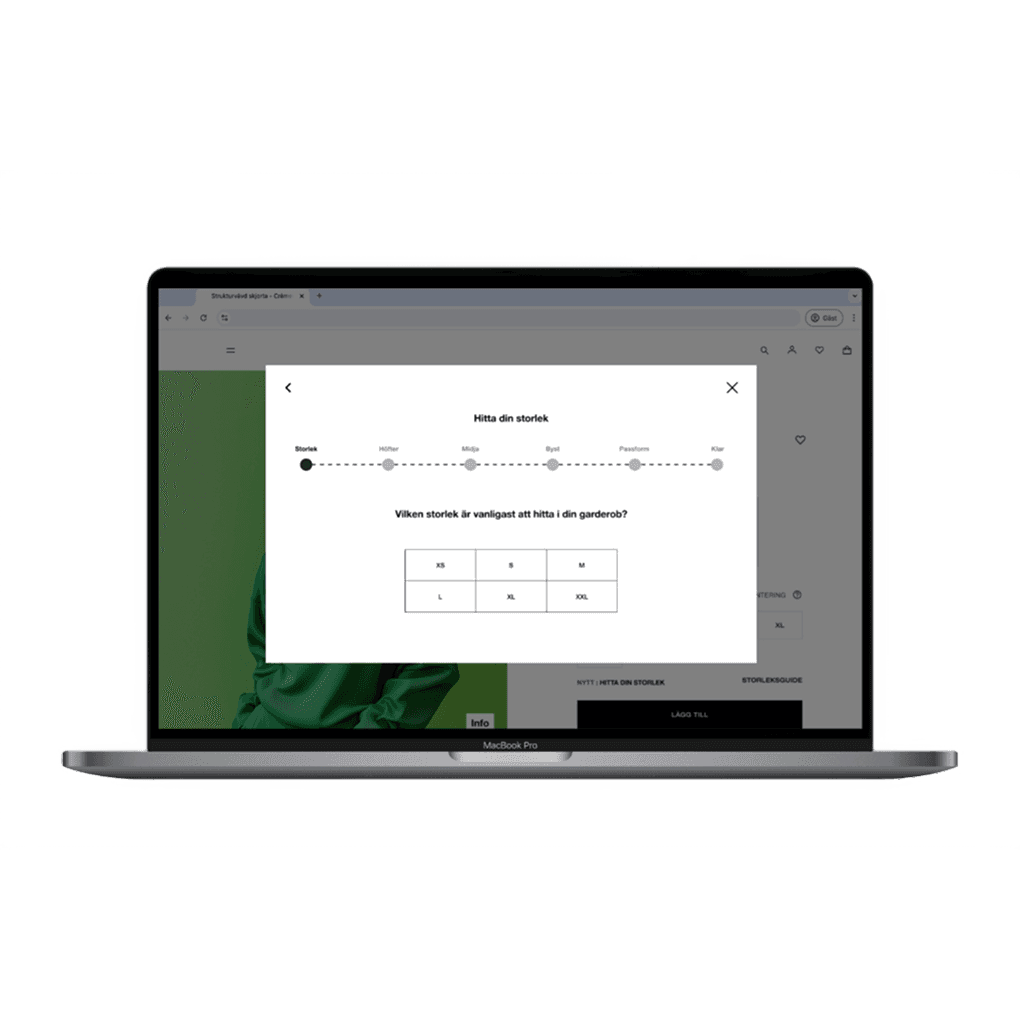 A laptop displaying the "Find My Size" feature, allowing users to select their common wardrobe size from six alternatives.