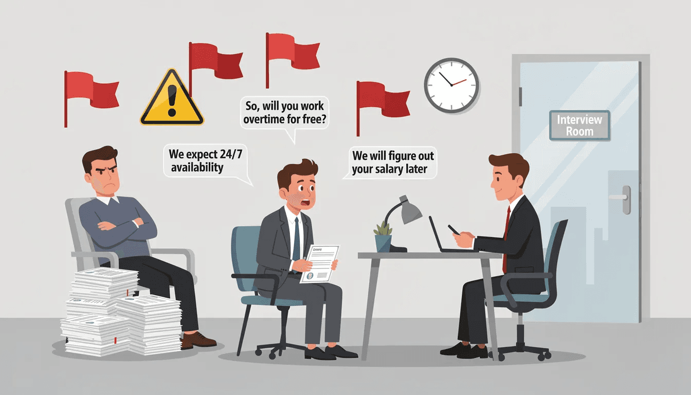 The image depicts a professional interview setting with a candidate and an HR manager engaged in conversation, highlighting potential warning signs and red flags. Visual cues such as crossed arms, lack of eye contact, and a tense atmosphere suggest poor communication skills and a negative company culture, which could impact employee engagement and overall job satisfaction.