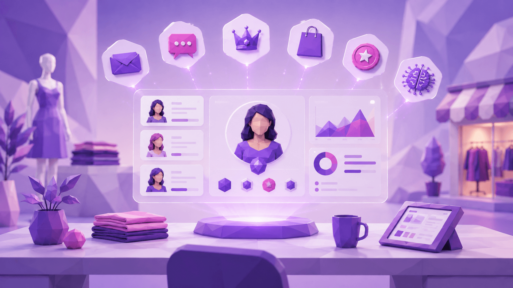 Low-poly 3D loyalty dashboard with customer data icons floating in a purple retail scene