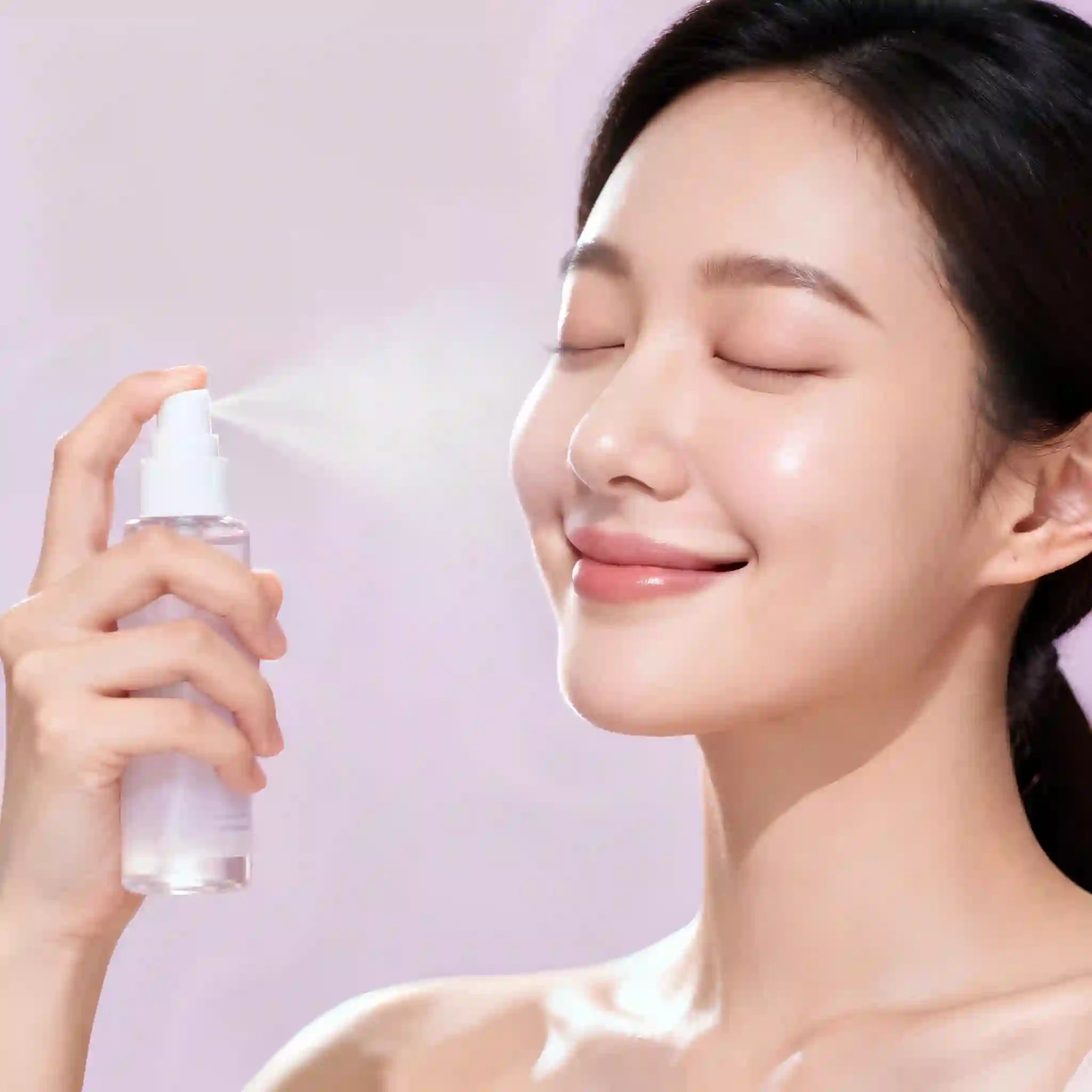 Wanita menggunakan Beauty Water pH 6.0 sebagai penyegar wajah (face mist) semula jadi untuk mengecilkan pori dan kulit berseri.