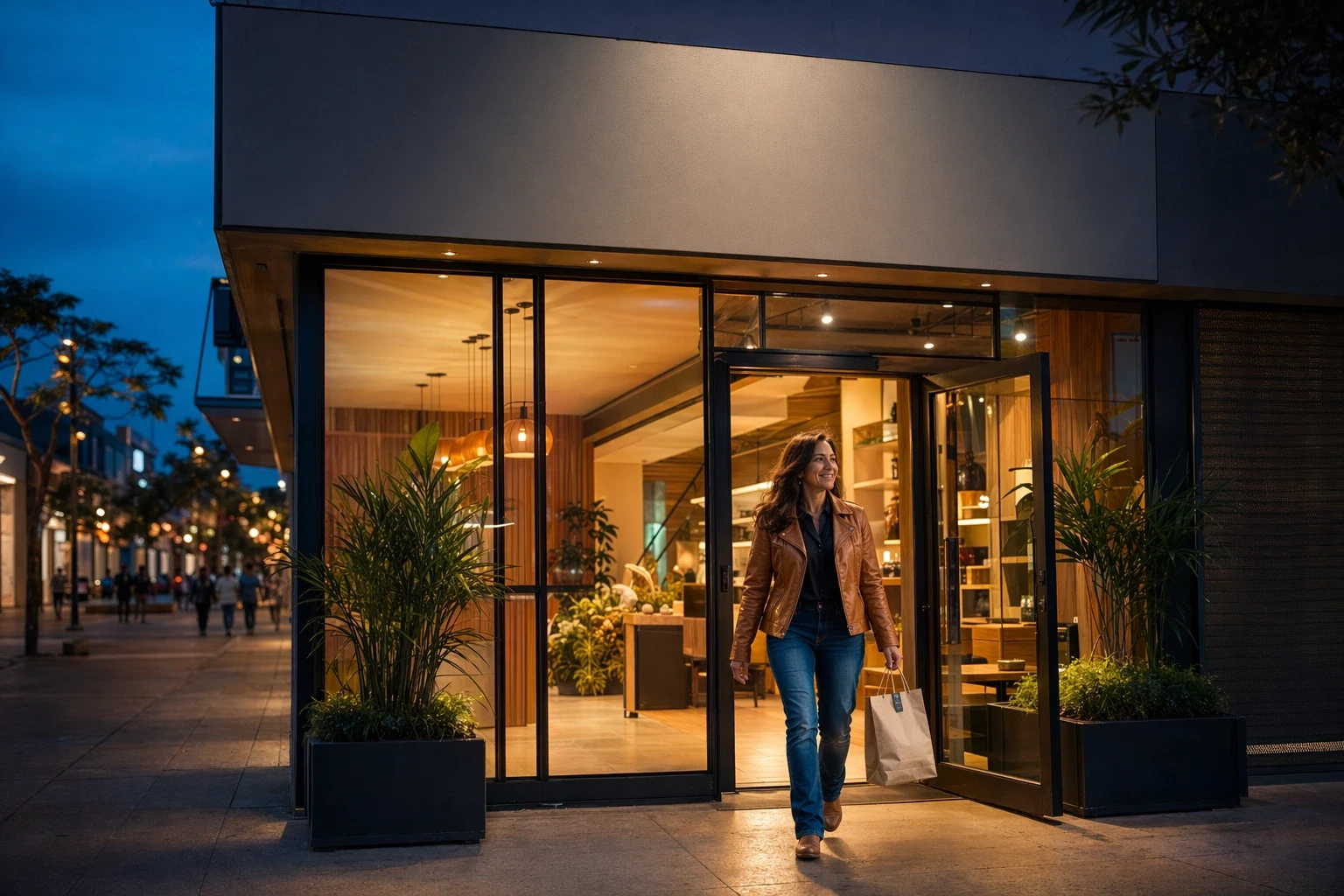 Cliente saindo satisfeita de loja local em Uberlândia ao anoitecer, carregando sacola de compra, ilustrando o resultado concreto de um SEO local bem estruturado: buscas orgânicas do Google convertendo em vendas presenciais para empresas do Triângulo Mineiro.