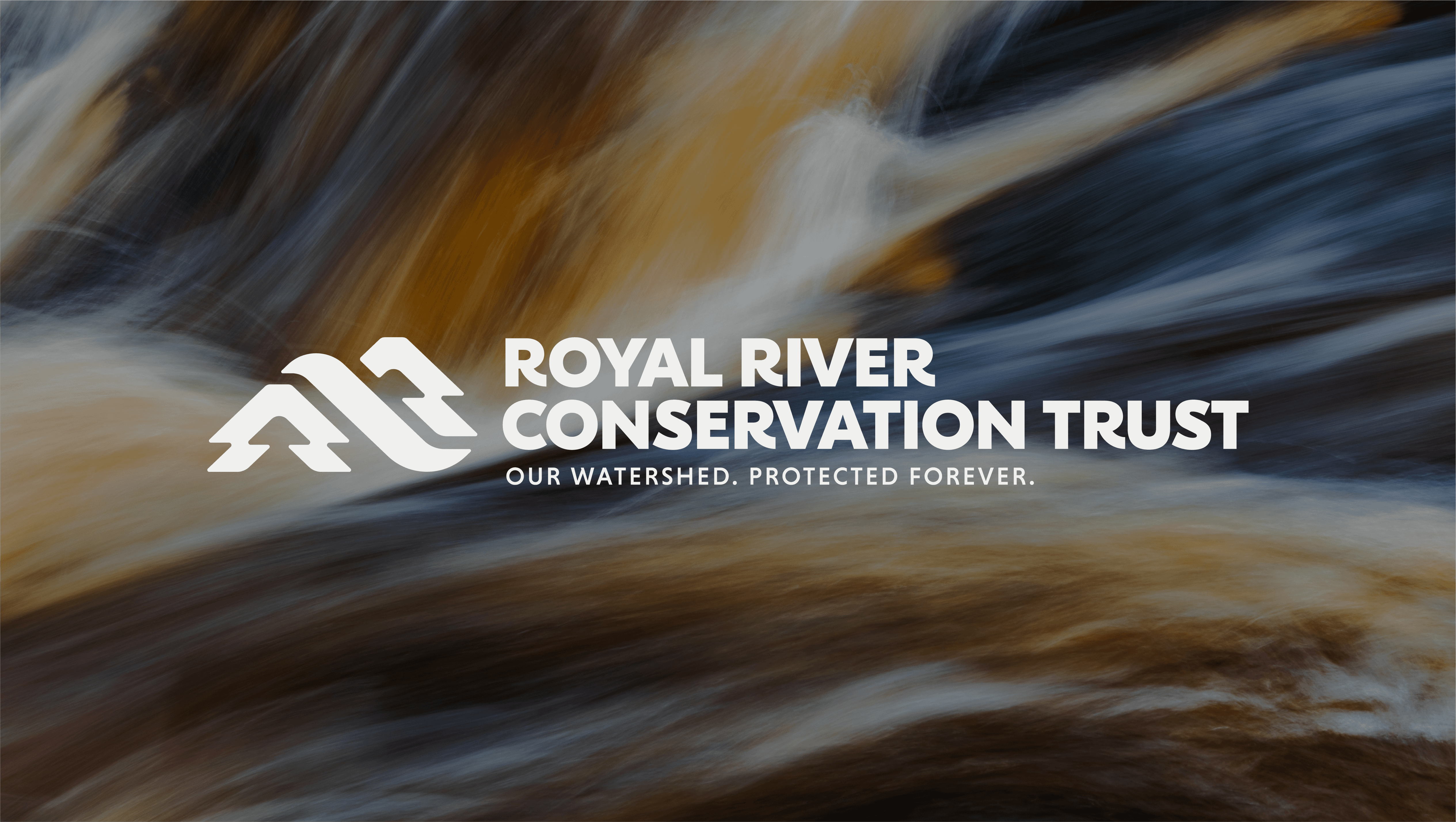 Royal River Conservation Trust logo over blurred river landscape representing watershed protection
