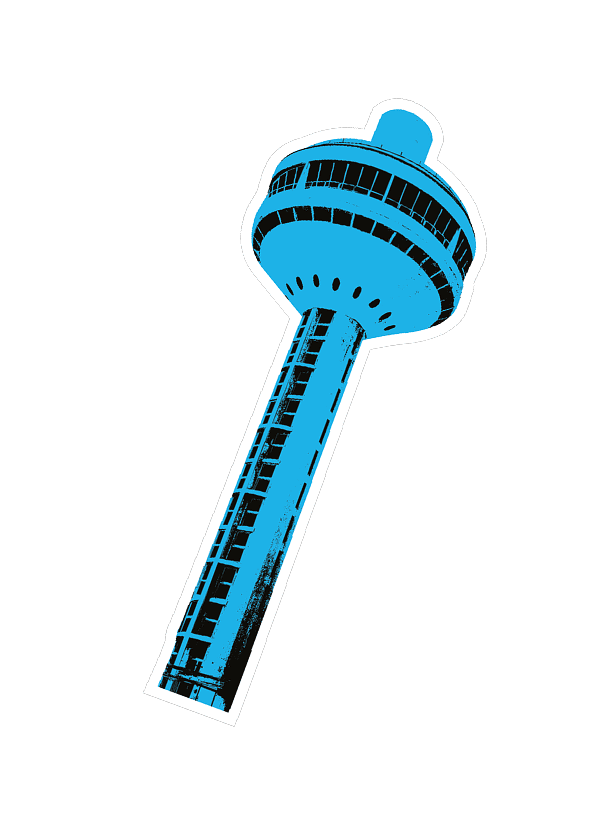 A blue and black silhouette of the iconic revolving Patang Hotel tower in Ahmedabad.