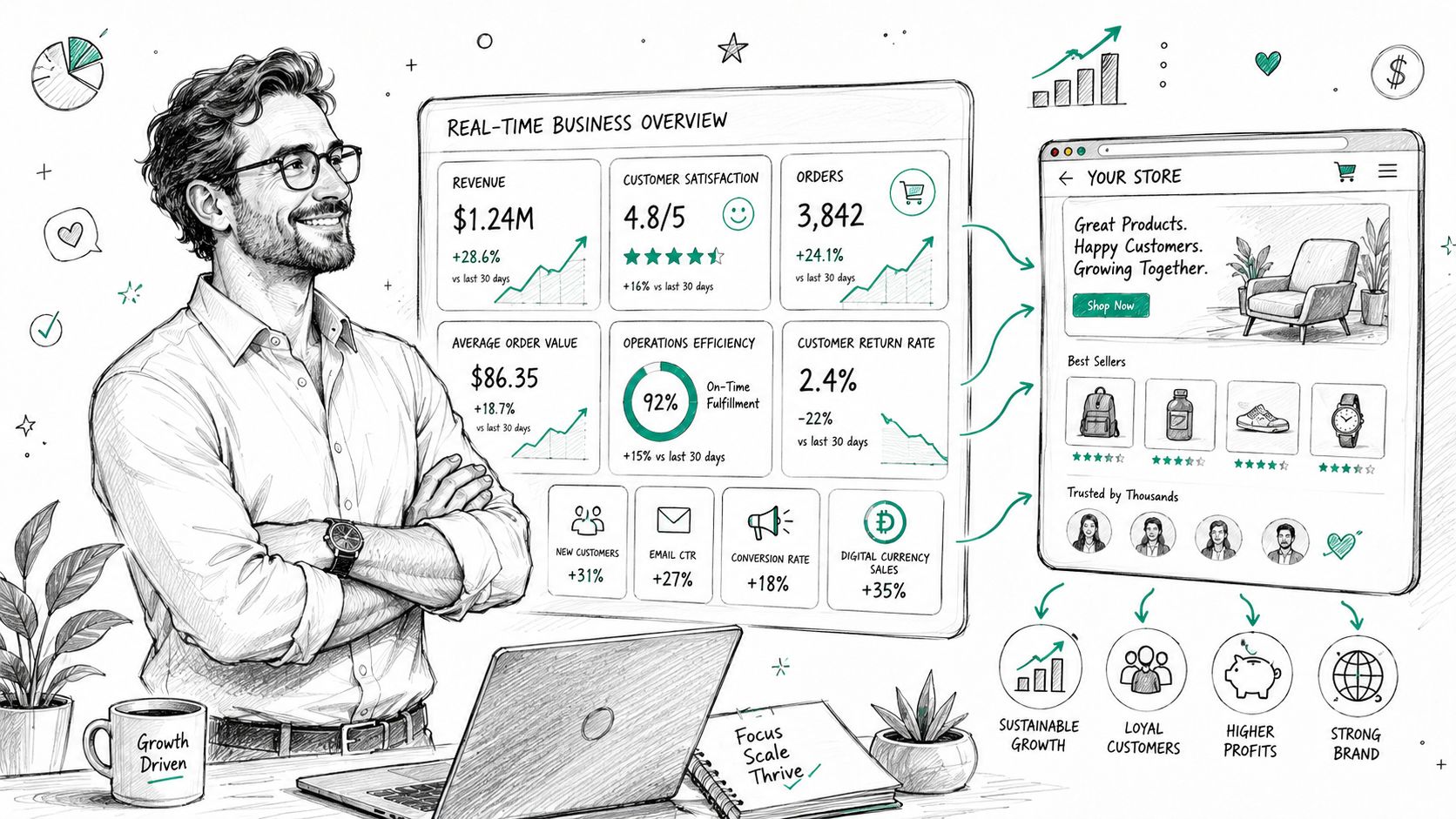 A professional man reviewing a real-time business performance dashboard and online store growth analytics.
