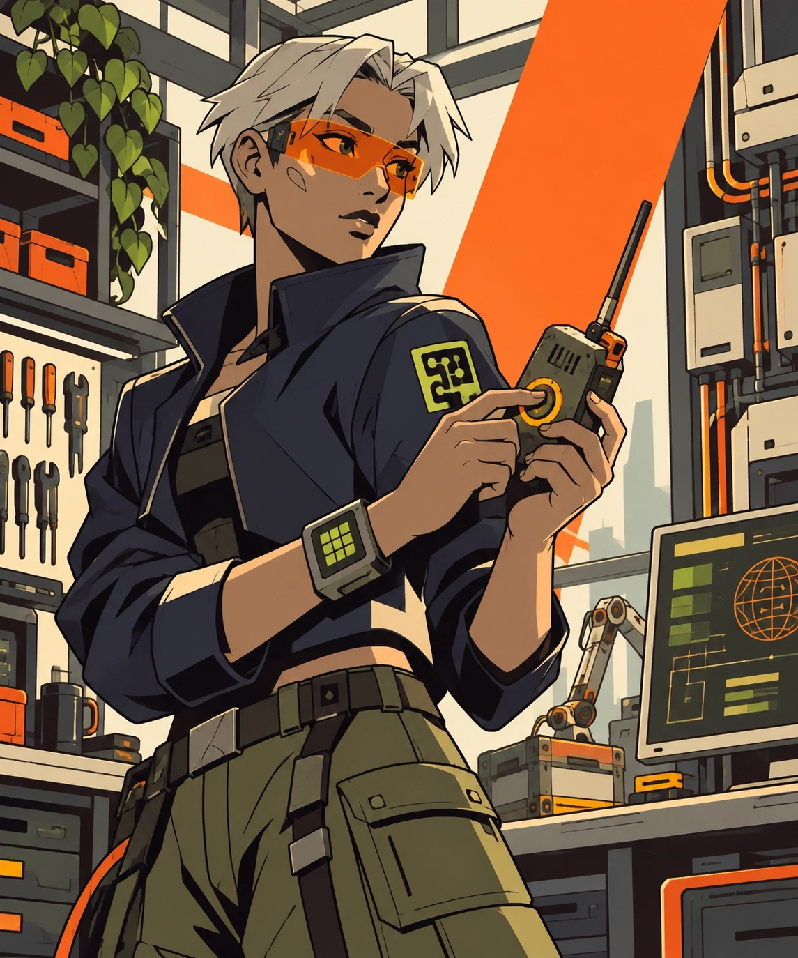 Illustrated portrait of KAI holding a hand-built communication device