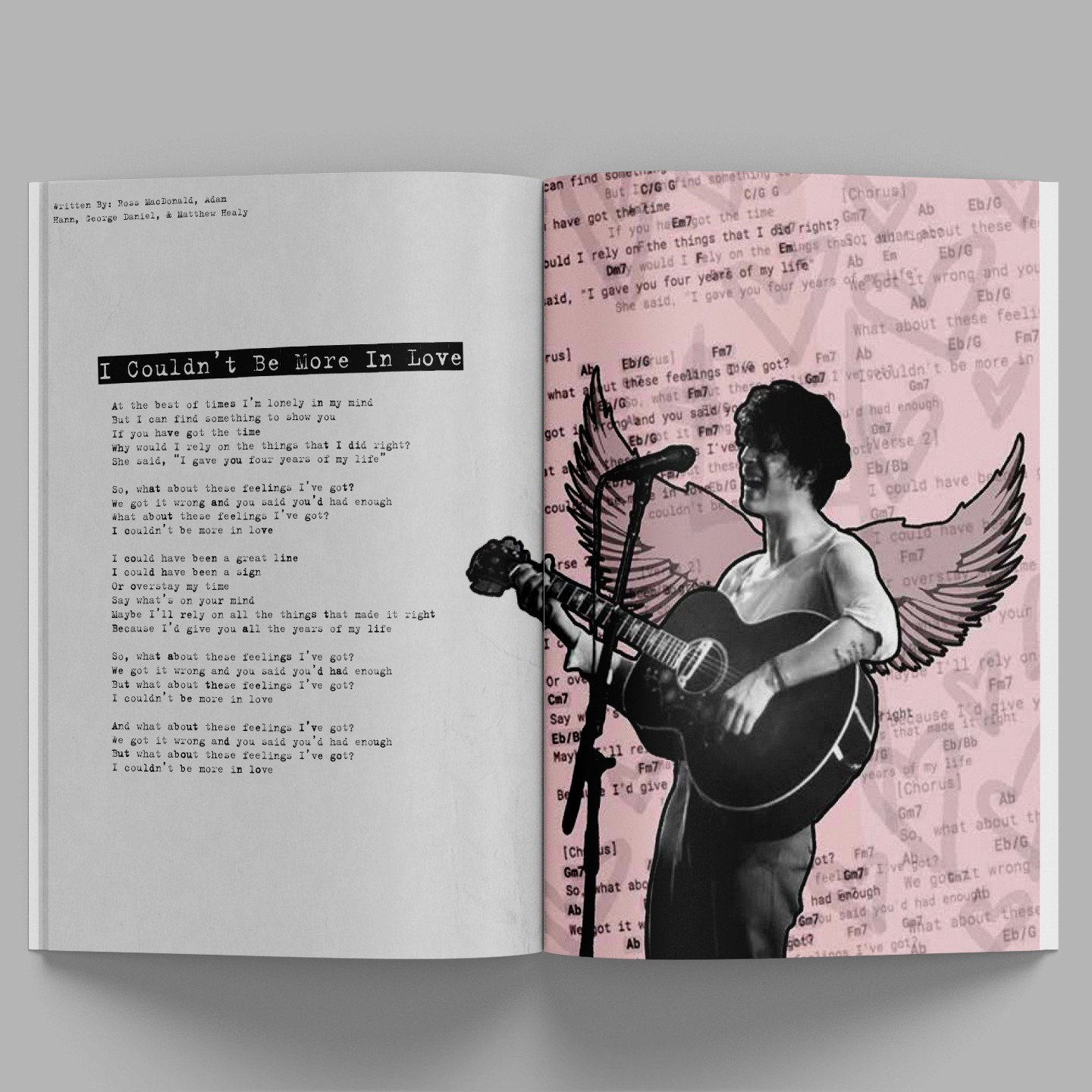 magazine with black and pink design laying on grey background, illustration of boy playing a guitar