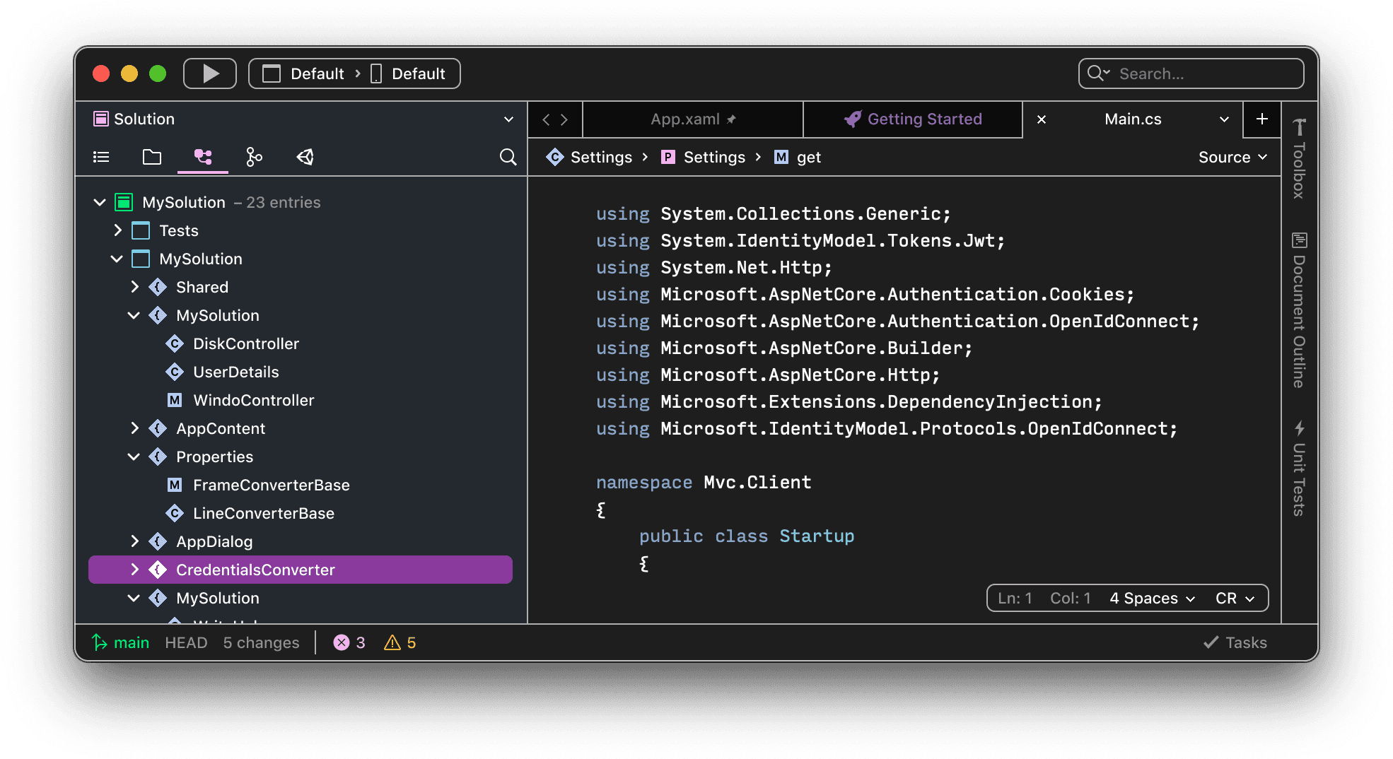 A screenshot showing Visual Studio for Mac 17 in the high contrast dark theme