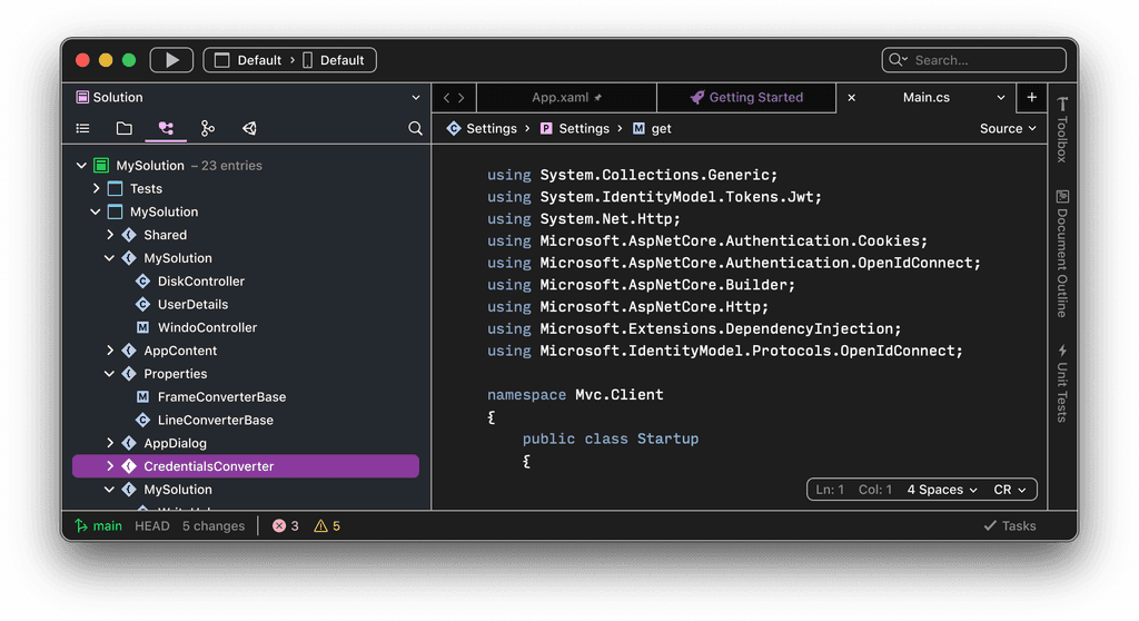 A screenshot showing Visual Studio for Mac 17 in the high contrast dark theme