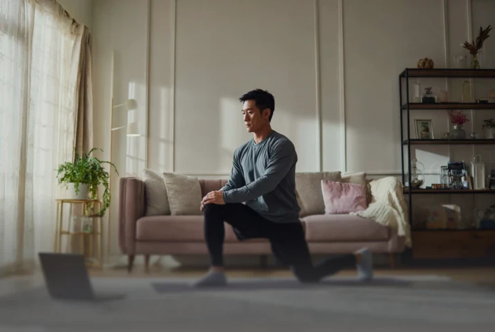 Man stretching in a well lit living room
