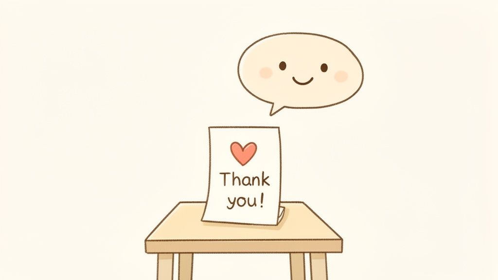 A cute drawing of a 'Thank you!' card with a heart on a table, and a smiling speech bubble.