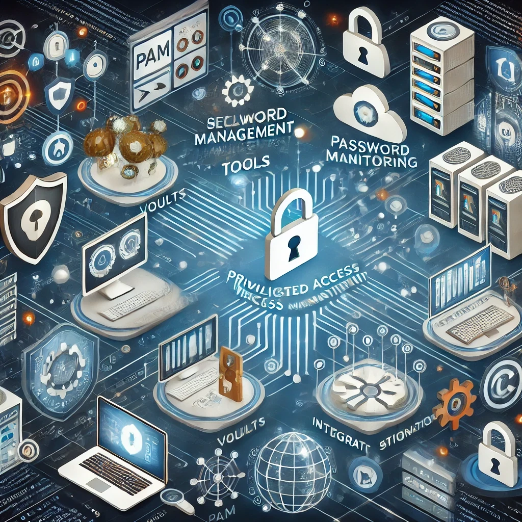 An image depicting various vendors offering services for integrating Privileged Access Management (PAM) tools. This illustration features digital icons representing secure vaults, password management, access monitoring, and integration solutions. The design emphasizes a comprehensive security framework with a digital network backdrop, showcasing the importance of integrating PAM tools to enhance cybersecurity and protect sensitive data.