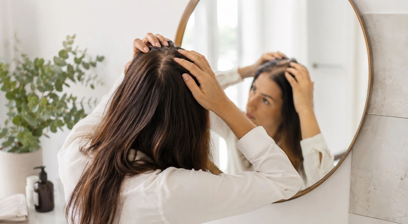 A widening hair part illustrating hair thinning